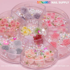 40 pcs White and Pink 3D 5D Rose Flower Charm with pearls Accessories for Valentine Nails Art Design