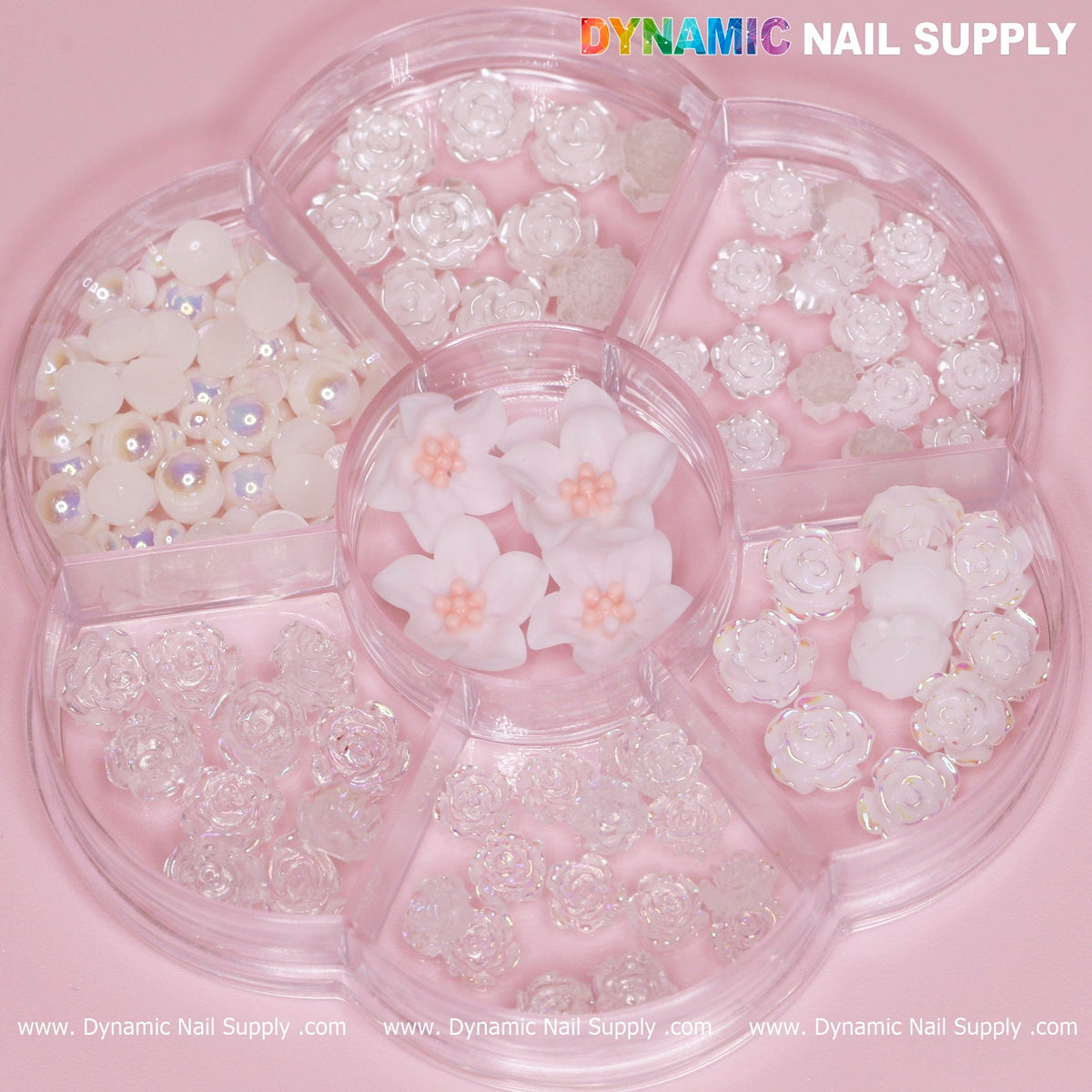 60 pcs White Iridescent Roses Charm with Pearls and Daisy Accessories for Nails Art Design
