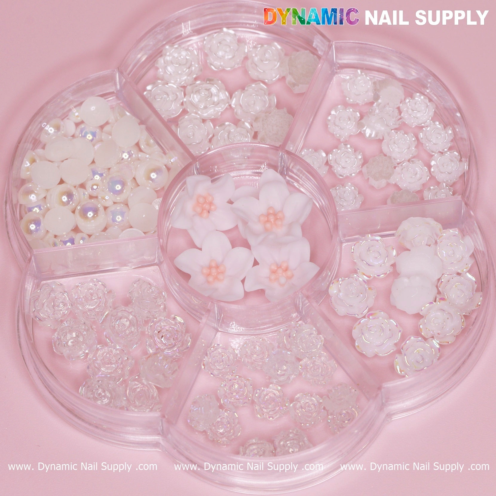 60 pcs White Iridescent Roses Charm with Pearls and Daisy Accessories for Nails Art Design
