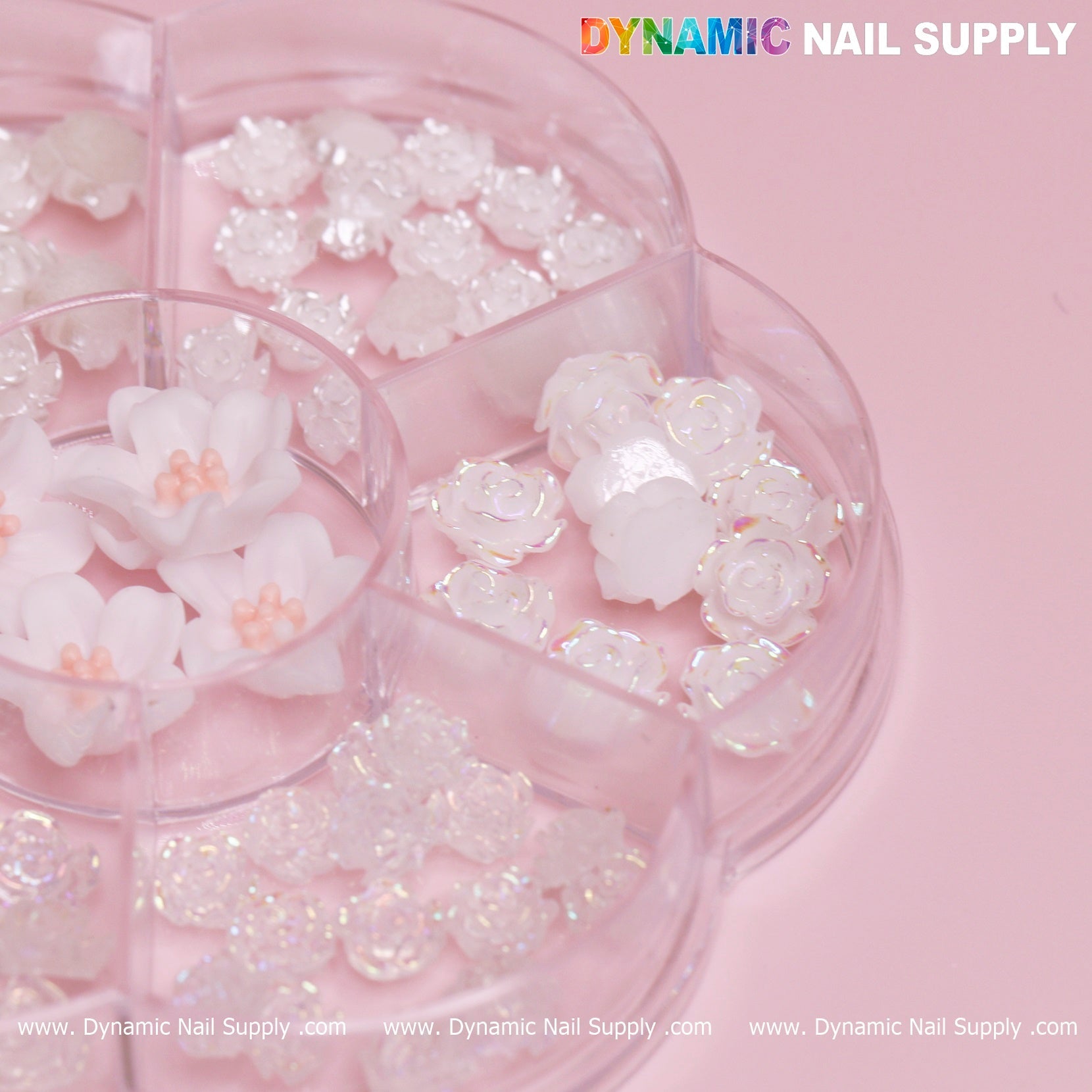 60 pcs White Iridescent Roses Charm with Pearls and Daisy Accessories for Nails Art Design