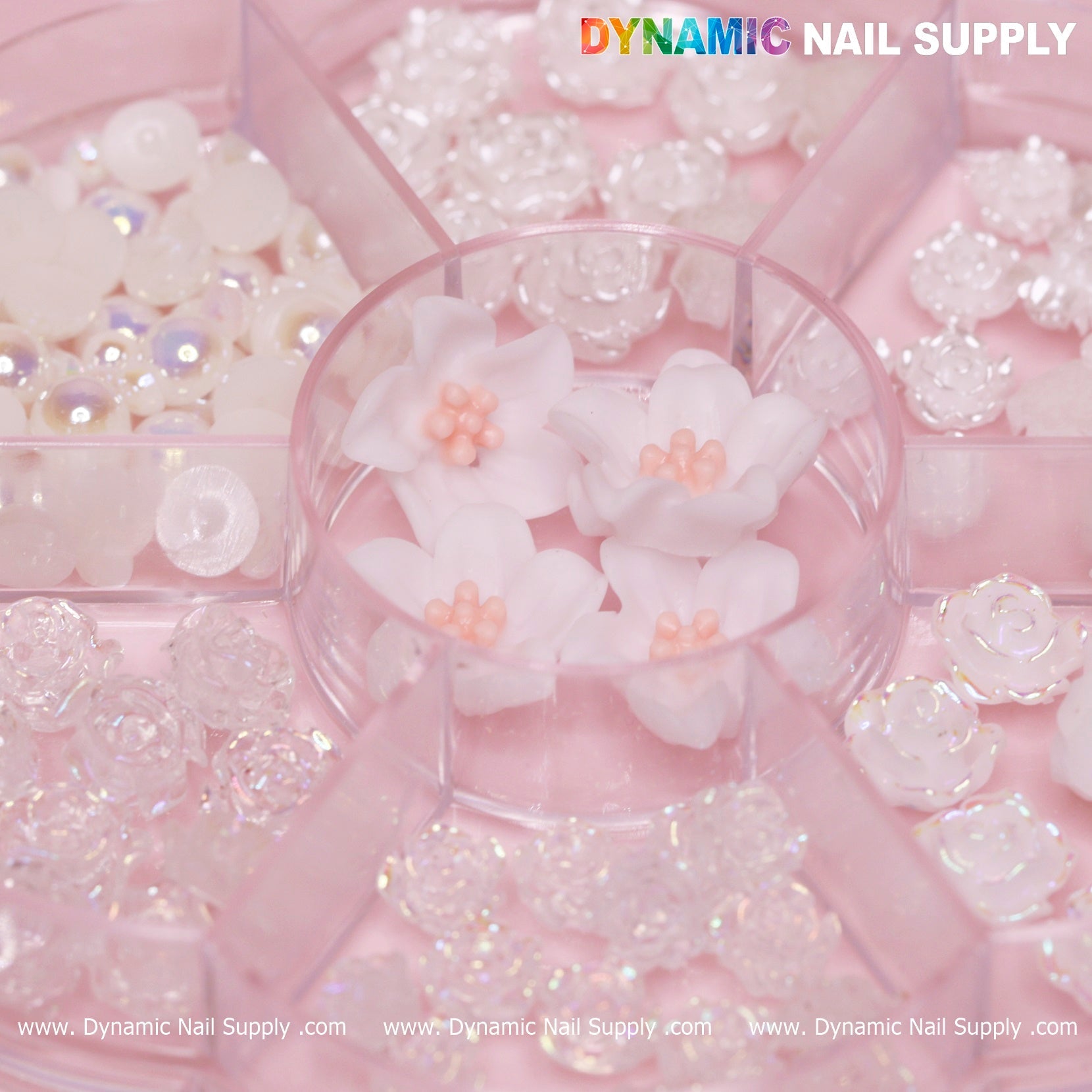 60 pcs White Iridescent Roses Charm with Pearls and Daisy Accessories for Nails Art Design