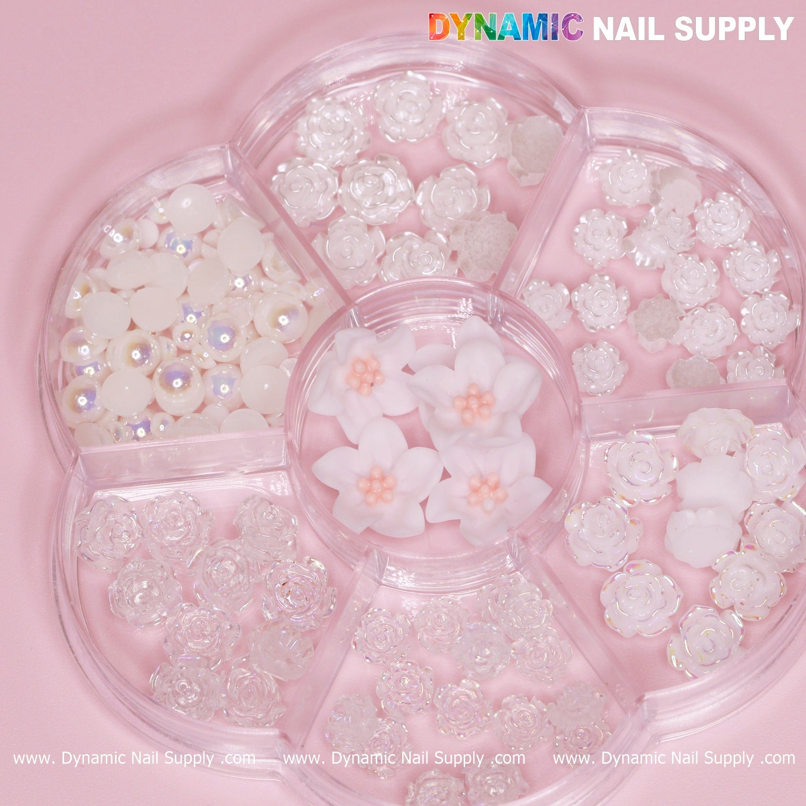 60 pcs White Iridescent Roses Charm with Pearls and Daisy Accessories for Nails Art Design
