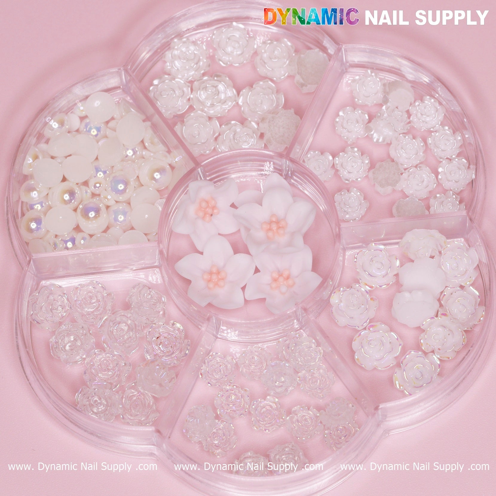 60 pcs White Iridescent Roses Charm with Pearls and Daisy Accessories for Nails Art Design