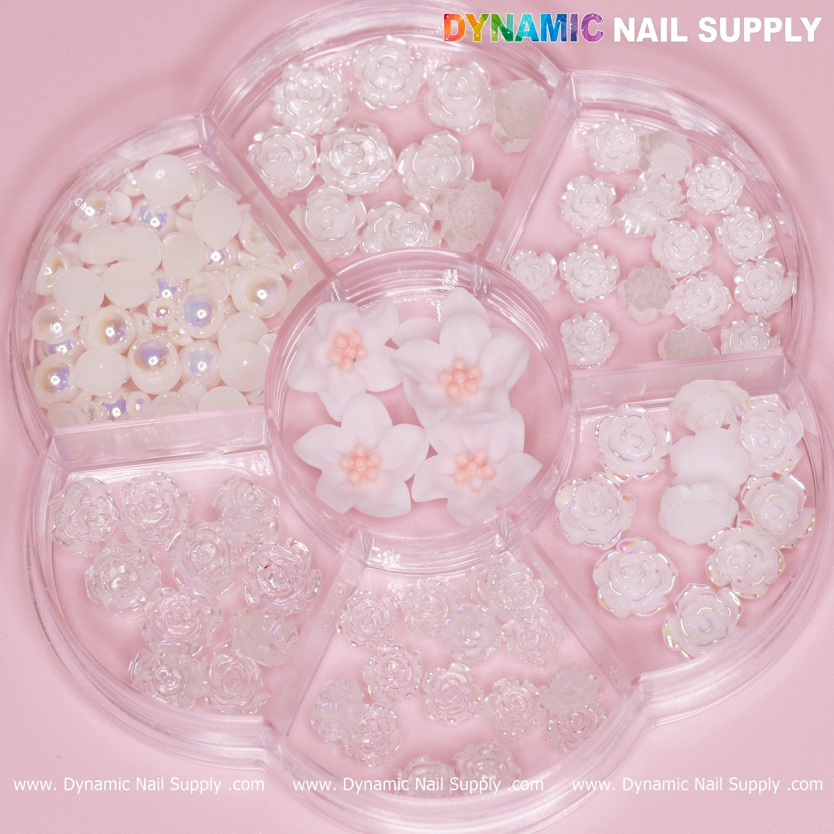 60 pcs White Iridescent Roses Charm with Pearls and Daisy Accessories for Nails Art Design
