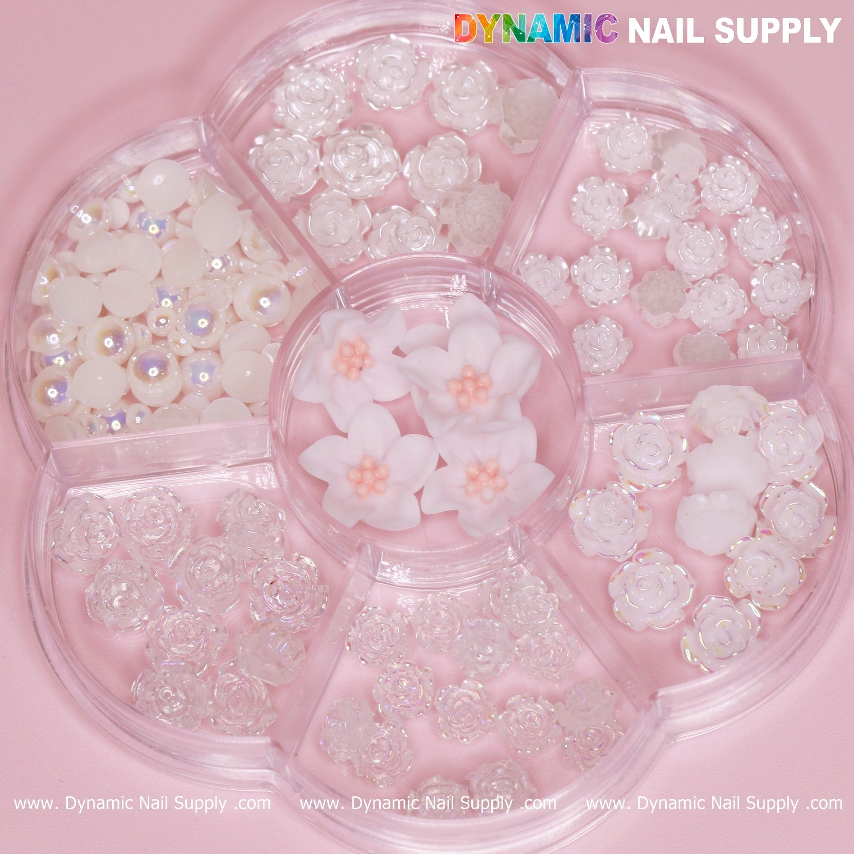 60 pcs White Iridescent Roses Charm with Pearls and Daisy Accessories for Nails Art Design
