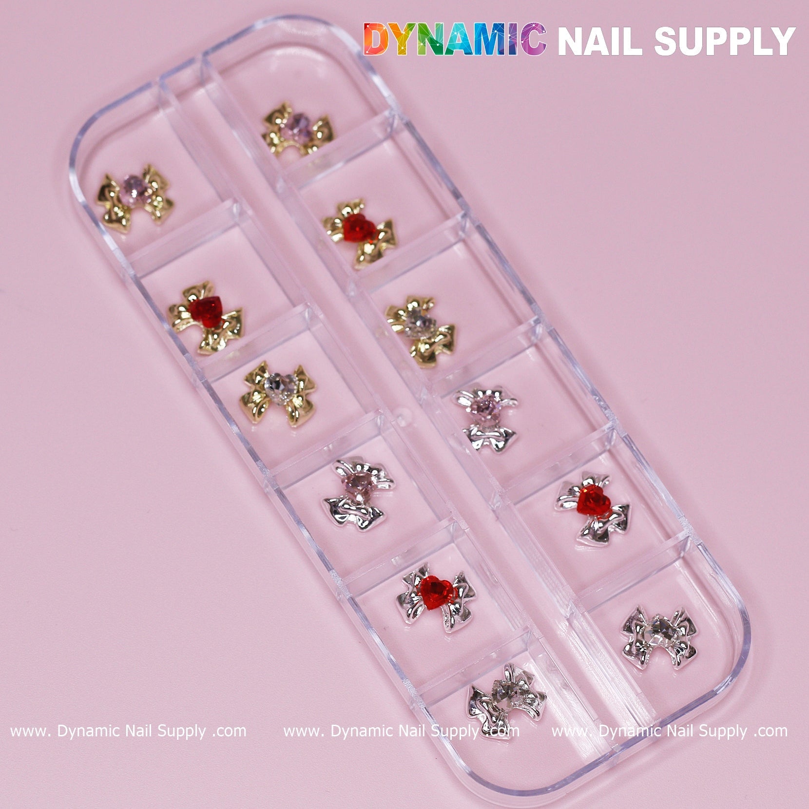 12 pcs Luxury 3D Bow Charms engraved Heart Rhinestones for Valentines Nail Designs
