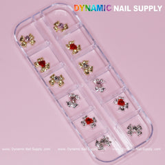 12 pcs Luxury 3D Bow Charms engraved Heart Rhinestones for Valentines Nail Designs