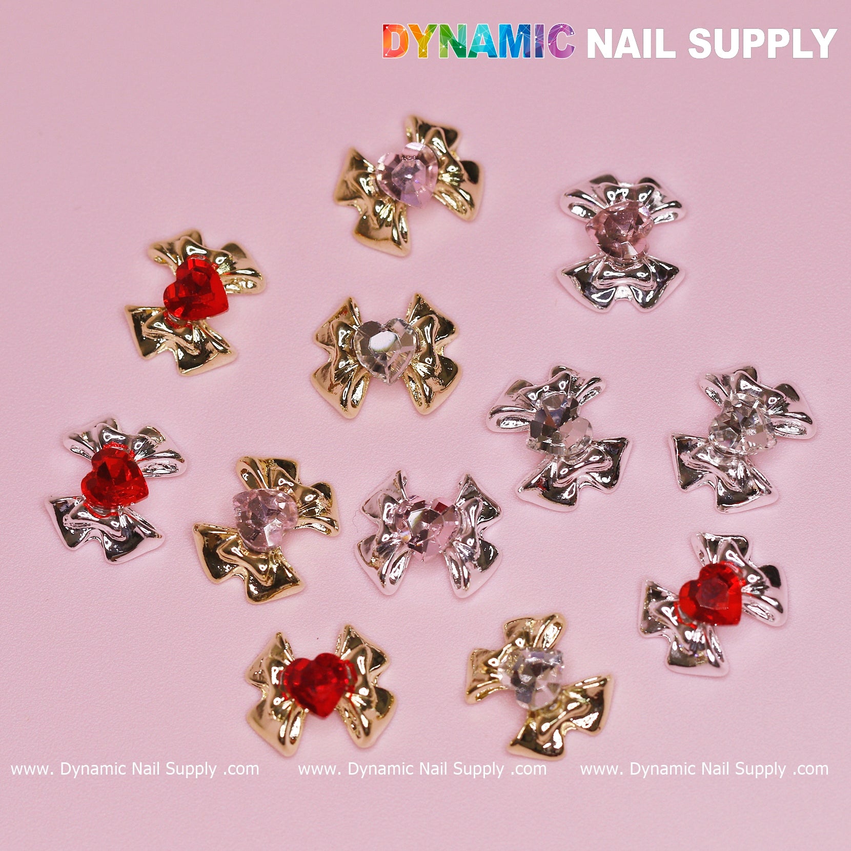 12 pcs Luxury 3D Bow Charms engraved Heart Rhinestones for Valentines Nail Designs