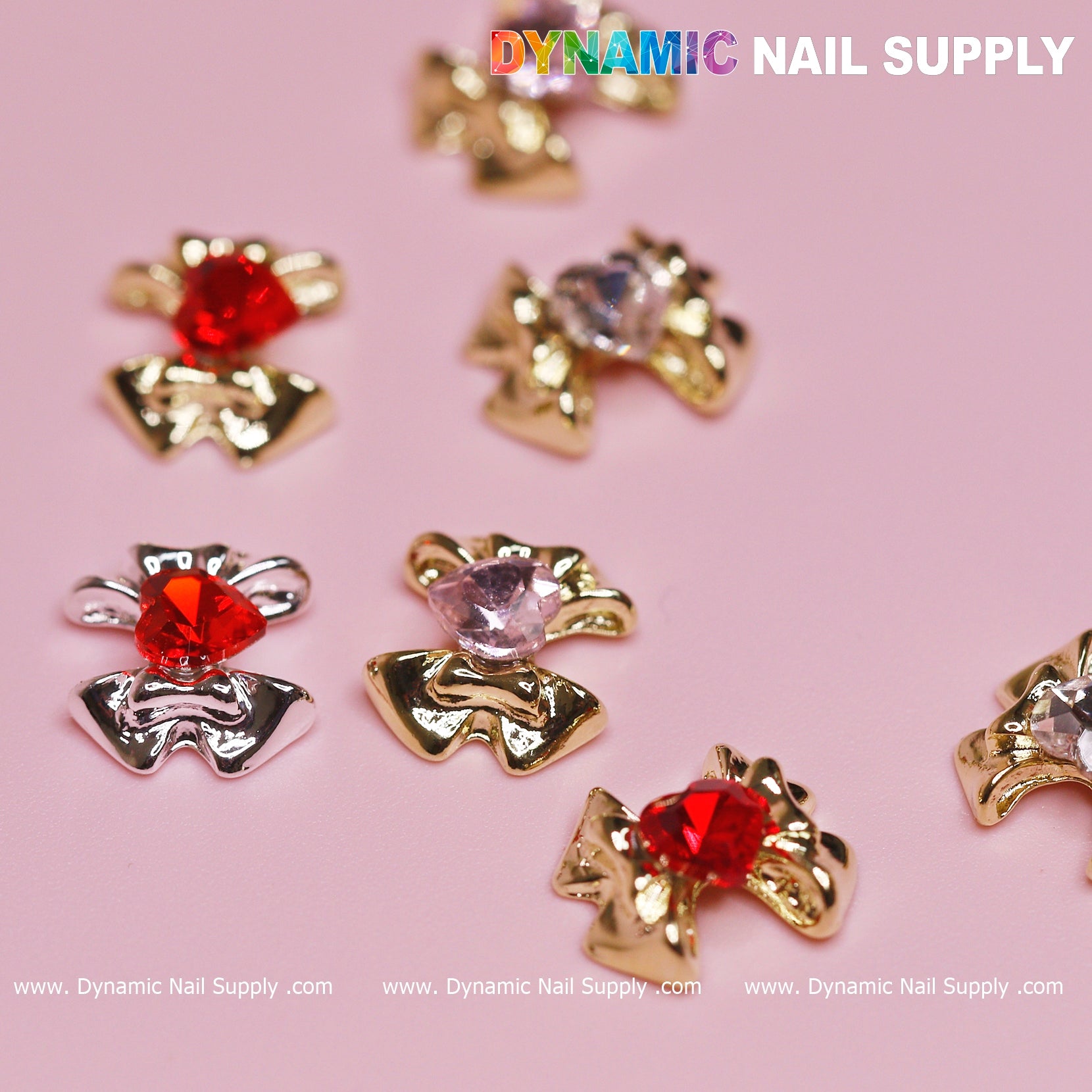 12 pcs Luxury 3D Bow Charms engraved Heart Rhinestones for Valentines Nail Designs