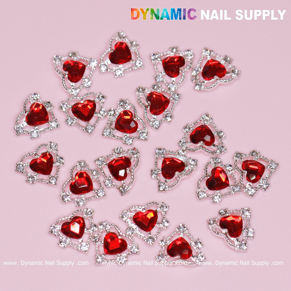 20 pcs 3D Heart rhinestone Charm for Nails Art Design (Red stones + Silver claws base)