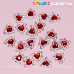 20 pcs 3D Heart rhinestone Charm for Nails Art Design (Red stones + Silver claws base)