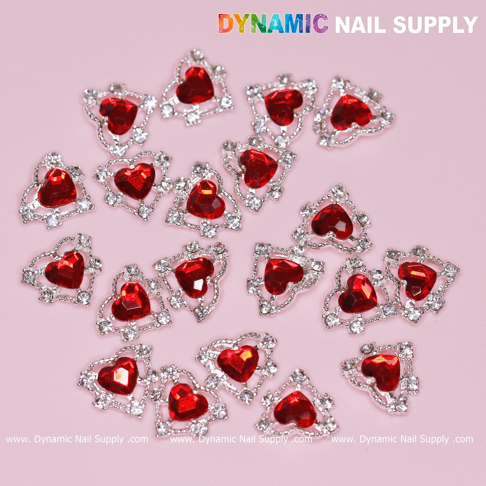 20 pcs 3D Heart rhinestone Charm for Nails Art Design (Red stones + Silver claws base)