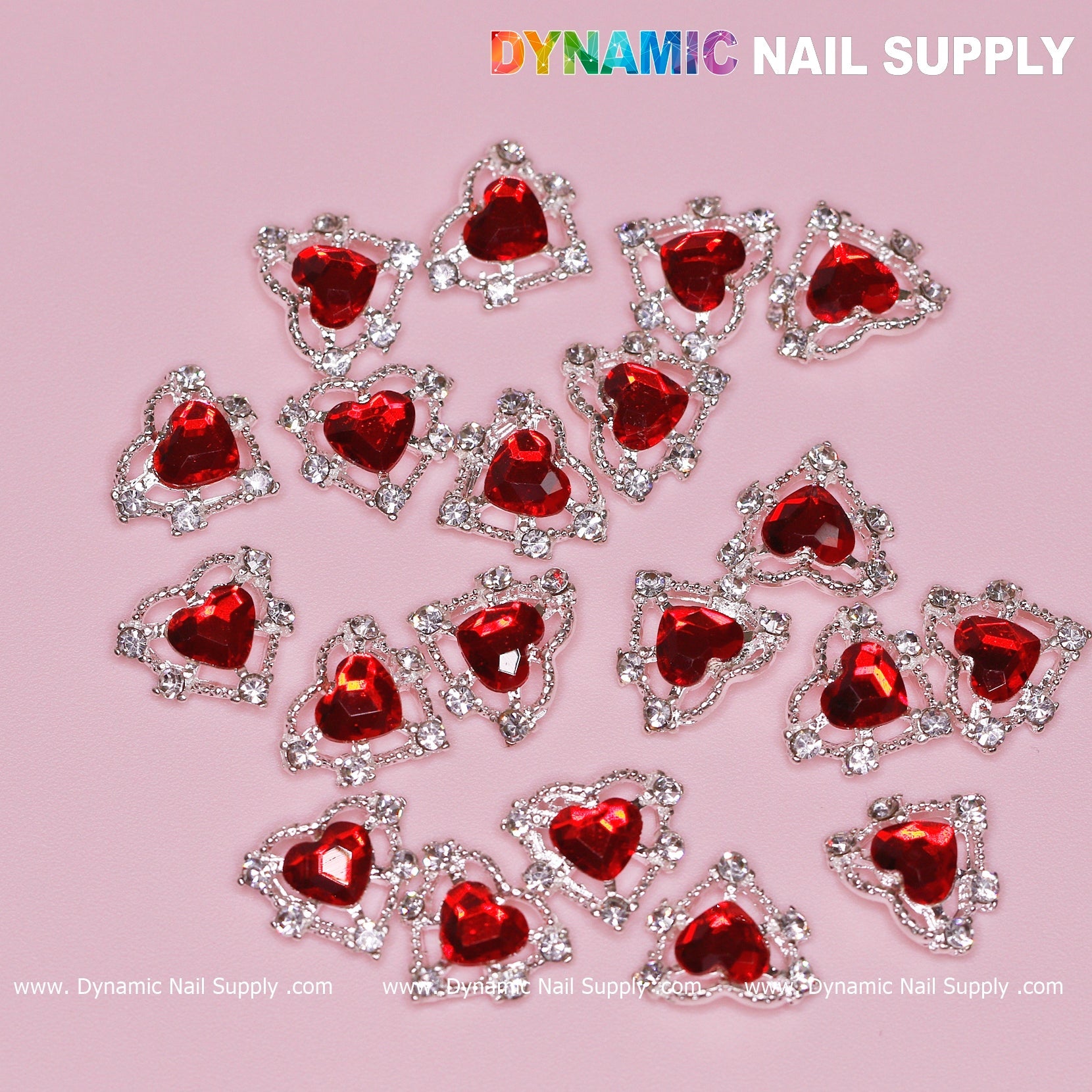 20 pcs 3D Heart rhinestone Charm for Nails Art Design (Red stones + Silver claws base)