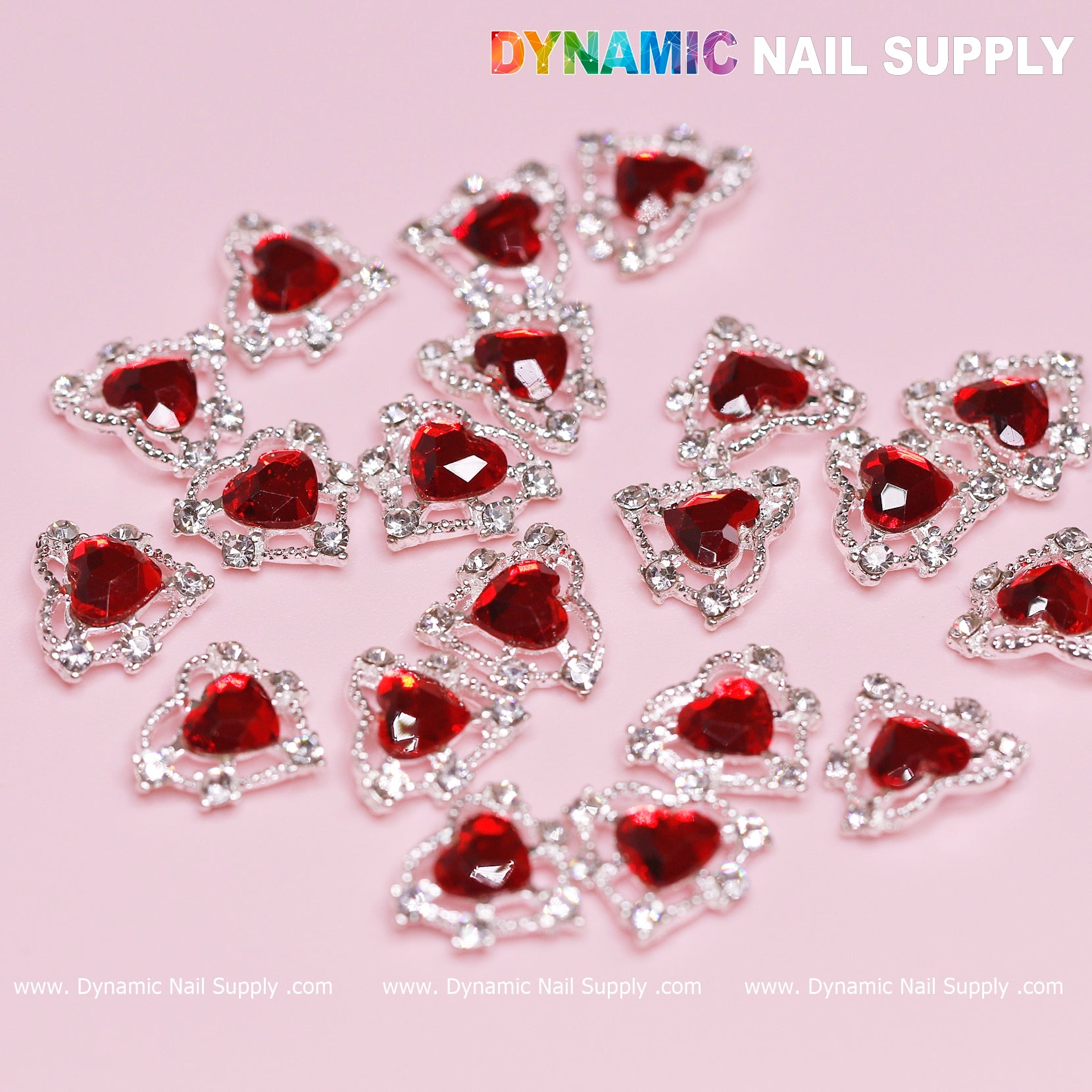 20 pcs 3D Heart rhinestone Charm for Nails Art Design (Red stones + Silver claws base)