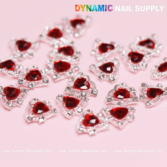 20 pcs 3D Heart rhinestone Charm for Nails Art Design (Red stones + Silver claws base)