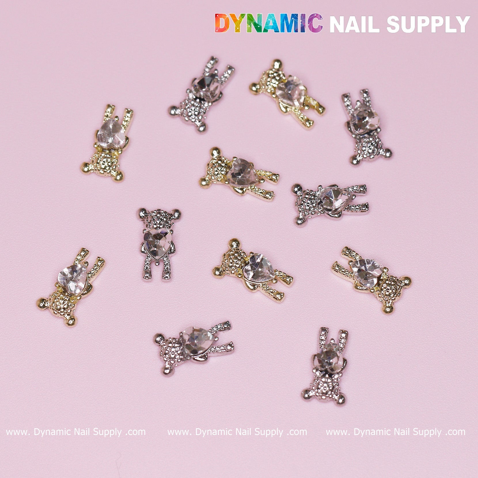 12 pcs gold and silver Bear Charm (Hugging) Heart shape Rhinestones (Engraved)