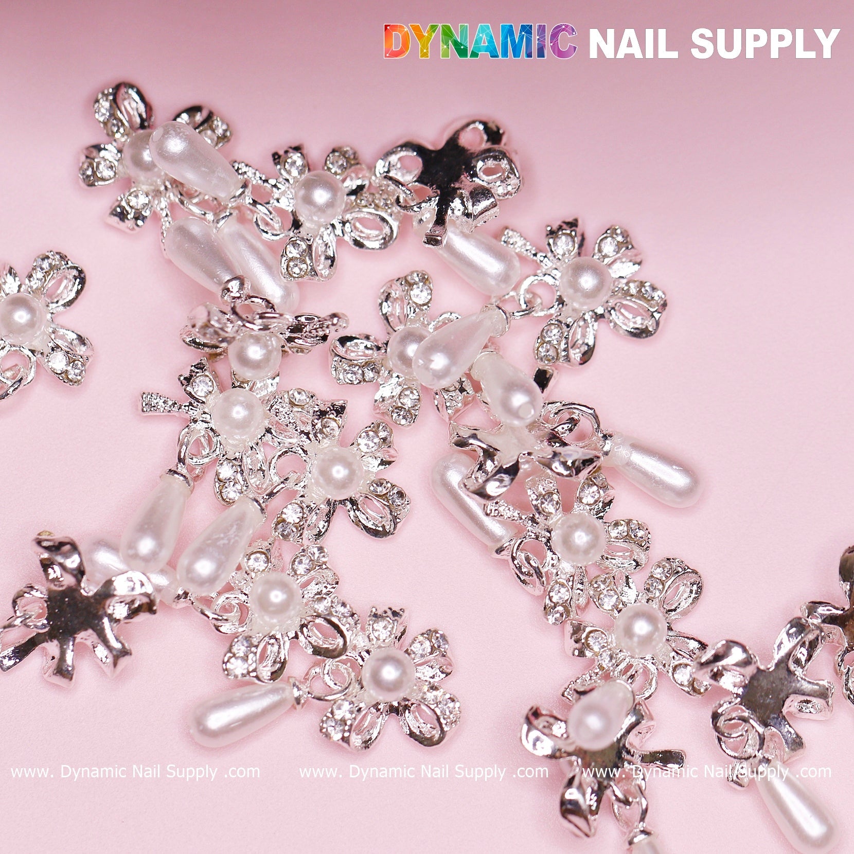 20 pcs Silver (Ribbon) Bow shape Dangle Charms with pearl for Nails Designer