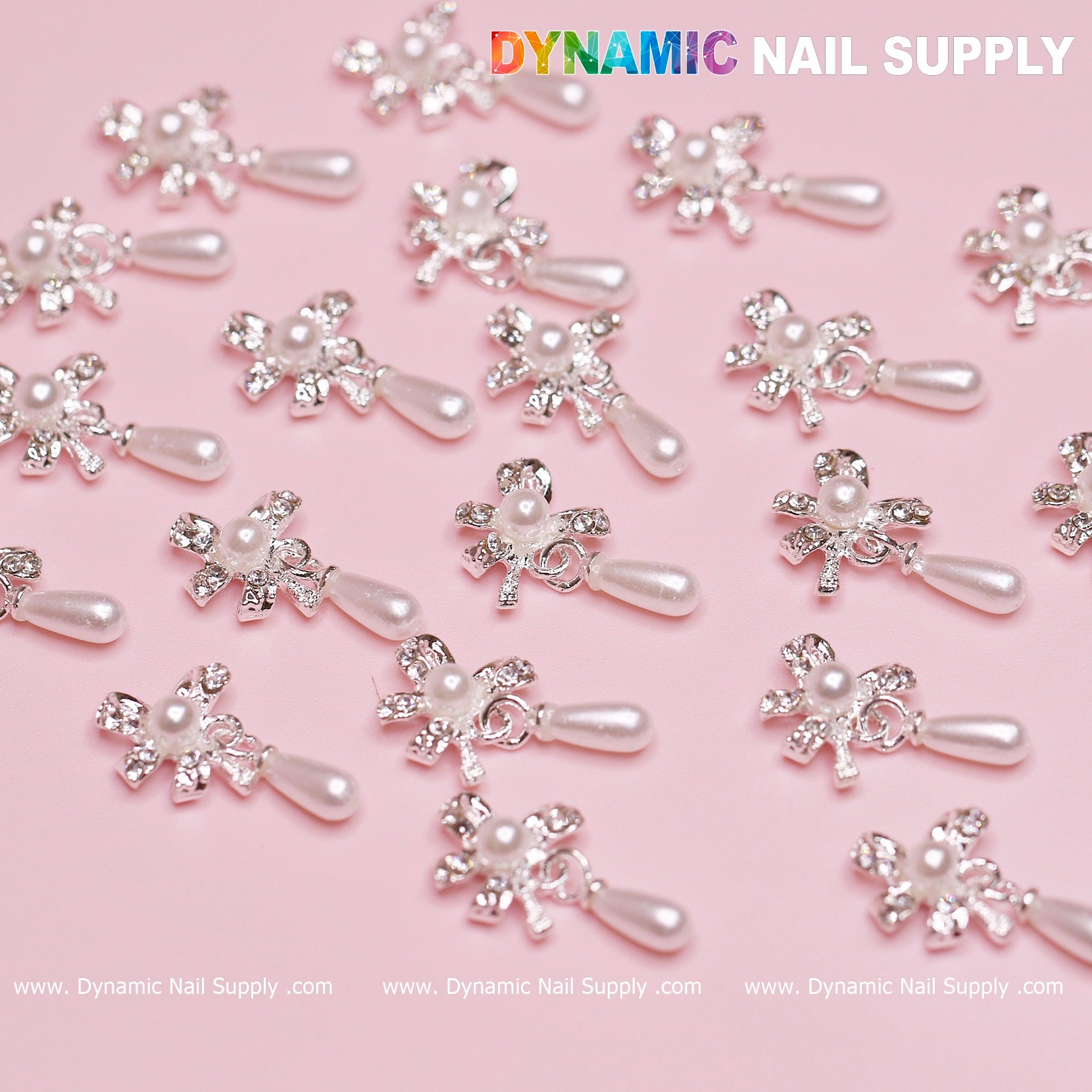 20 pcs Silver (Ribbon) Bow shape Dangle Charms with pearl for Nails Designer