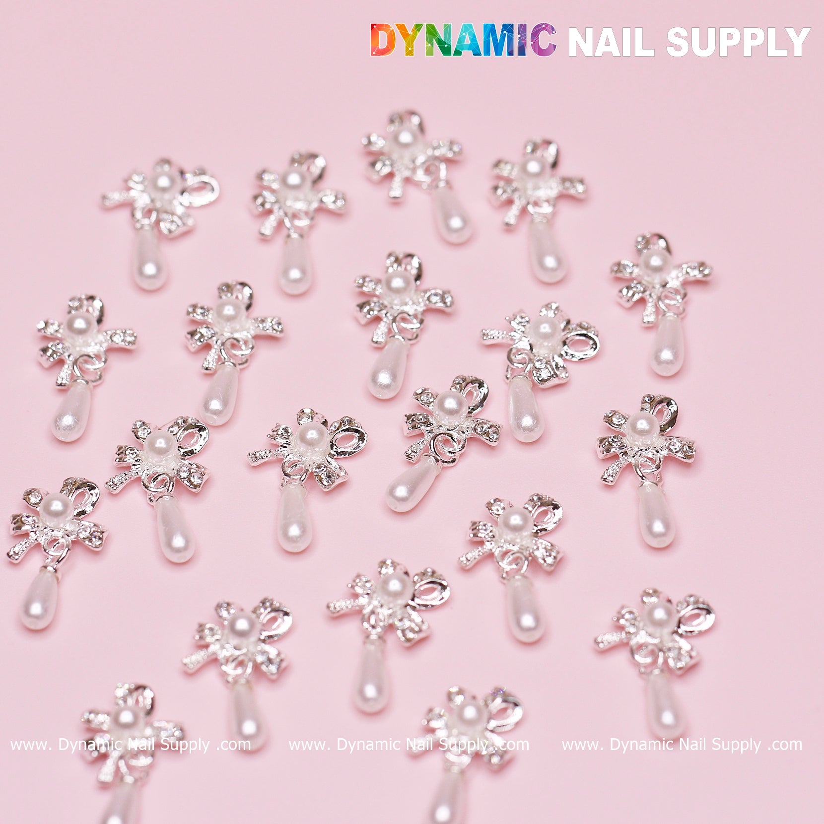 20 pcs Silver (Ribbon) Bow shape Dangle Charms with pearl for Nails Designer