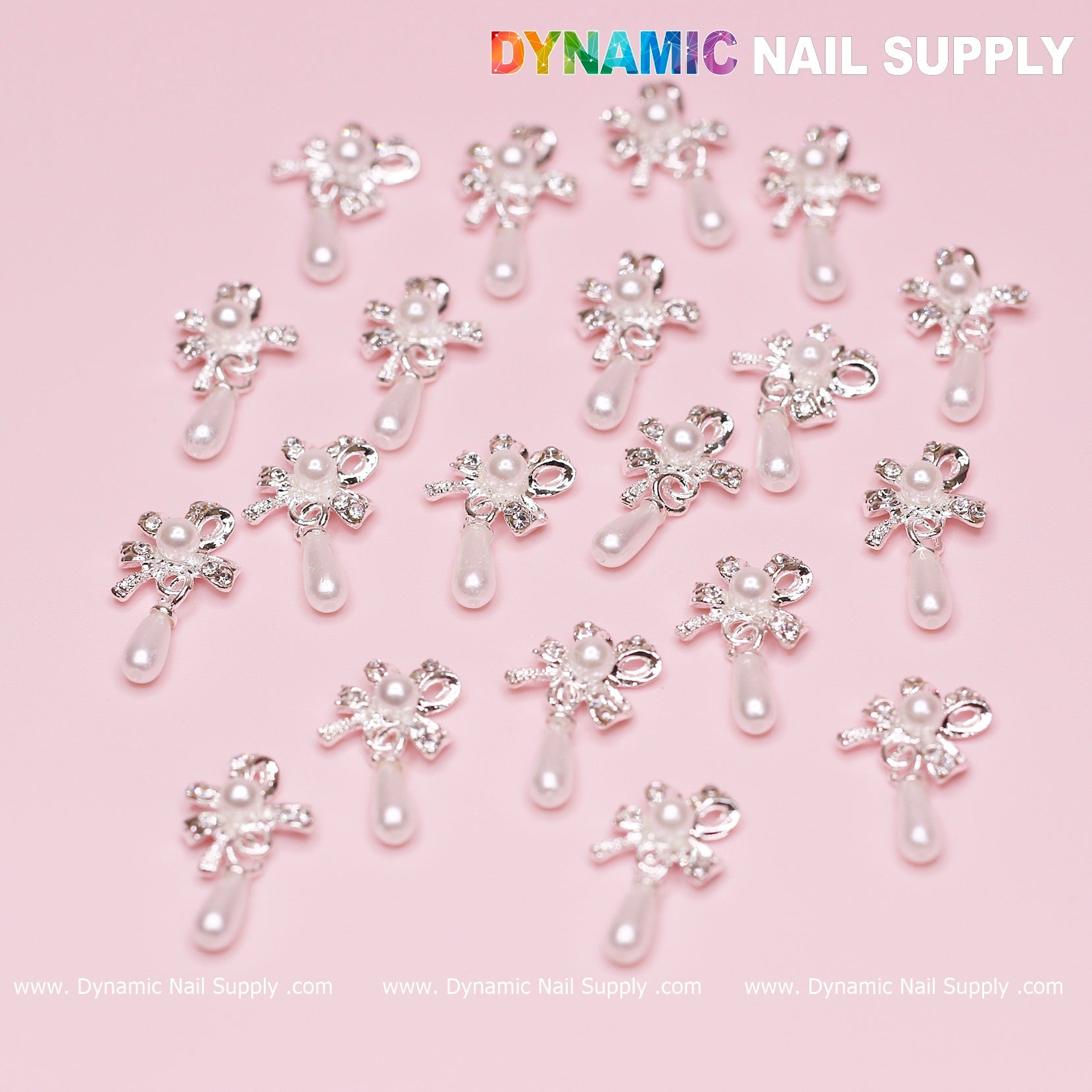 20 pcs Silver (Ribbon) Bow shape Dangle Charms with pearl for Nails Designer