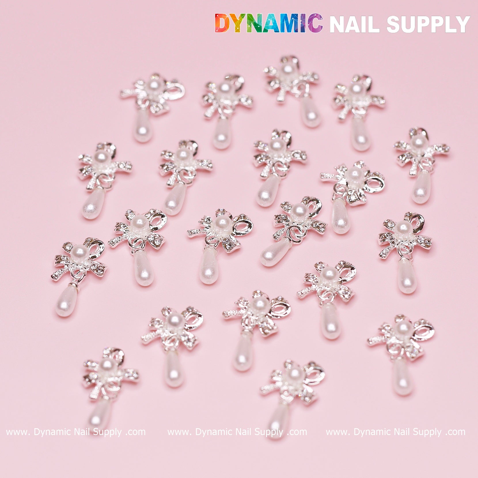 20 pcs Silver (Ribbon) Bow shape Dangle Charms with pearl for Nails Designer