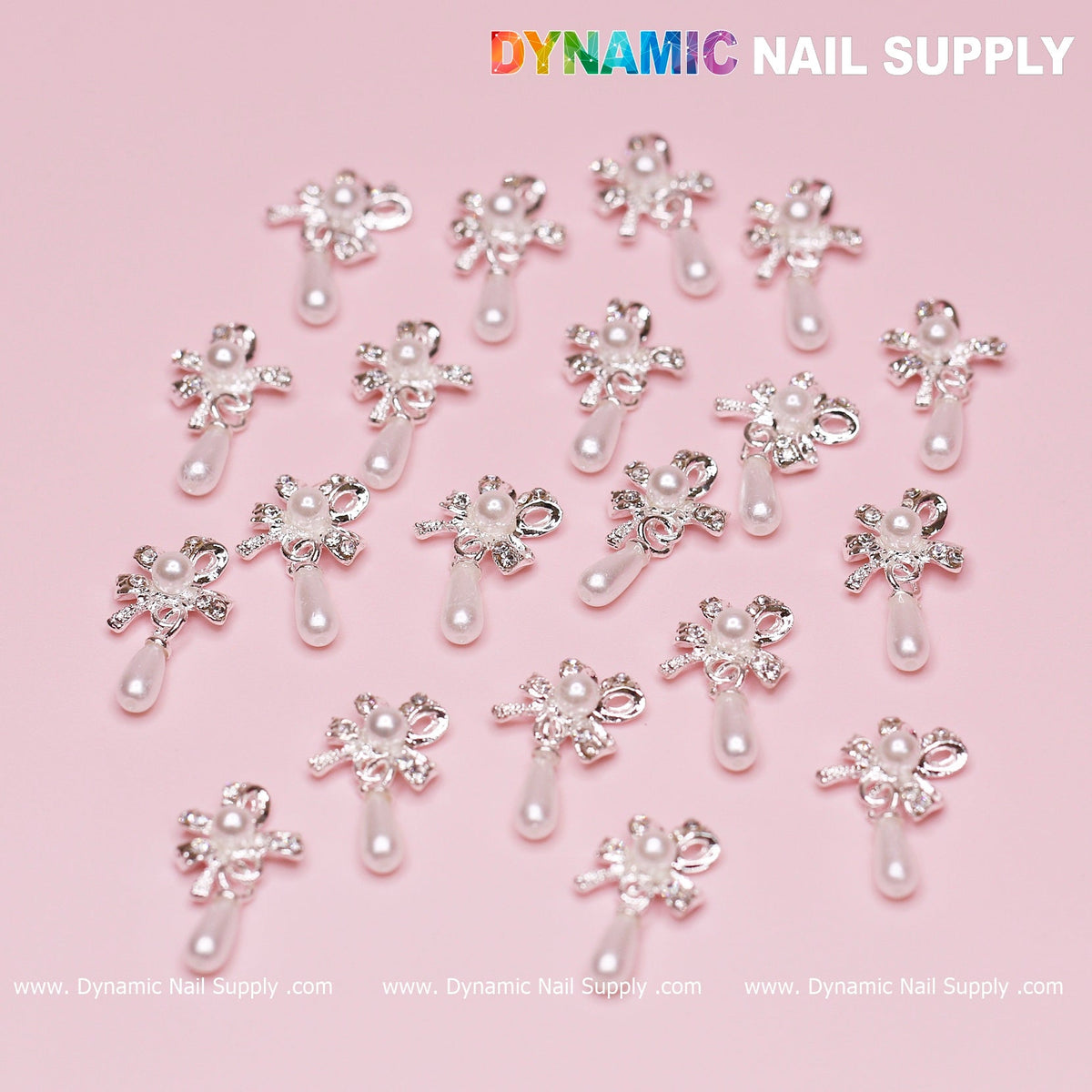 20 pcs Silver (Ribbon) Bow shape Dangle Charms with pearl for Nails Designer