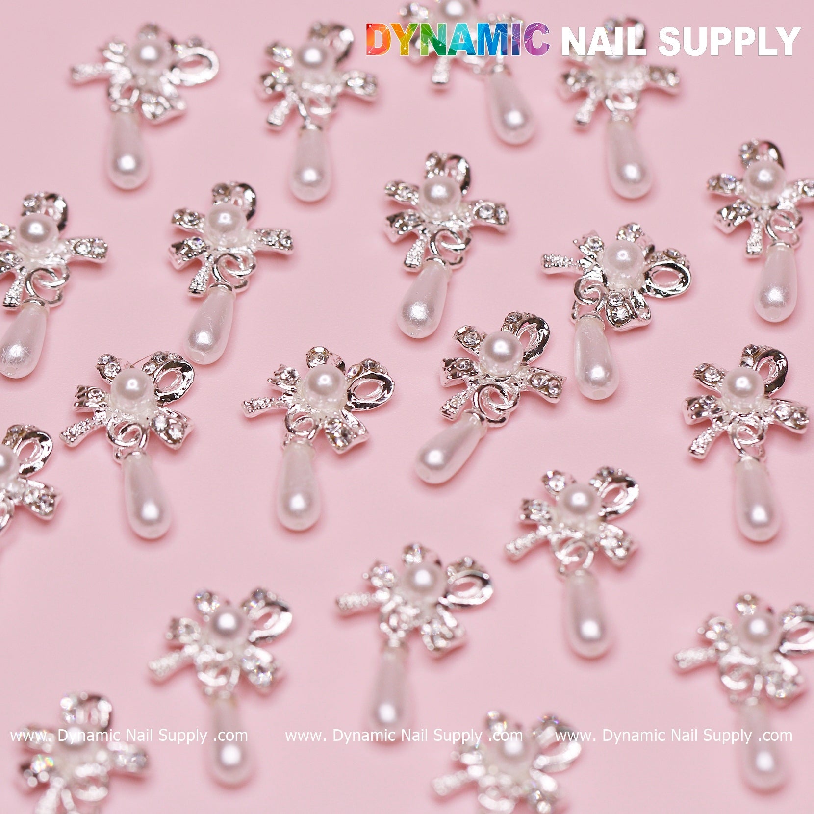 20 pcs Silver (Ribbon) Bow shape Dangle Charms with pearl for Nails Designer