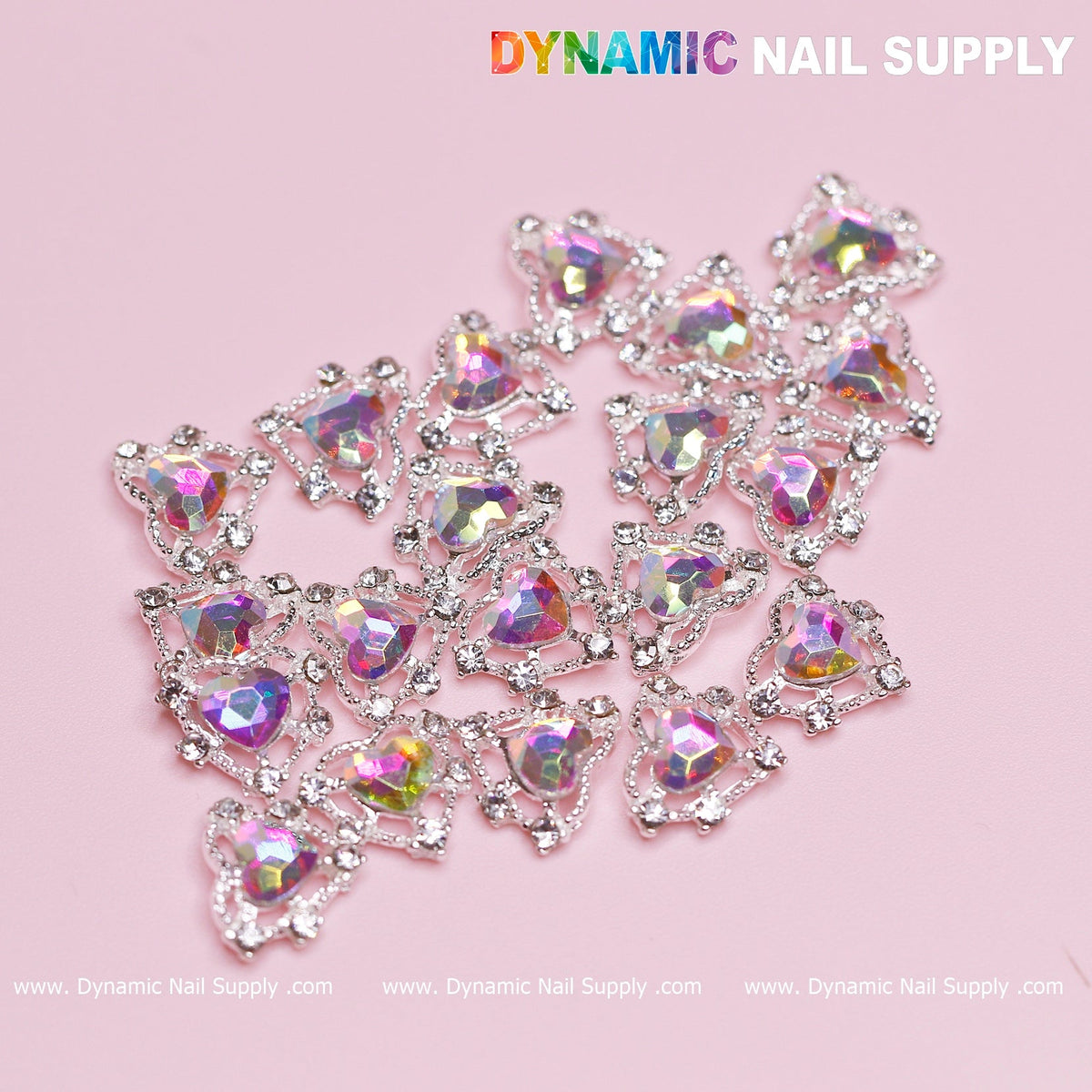 20 pcs Luxury Heart-shaped Charms for Nails Art Design (AB rhinestones + Silver claws base)