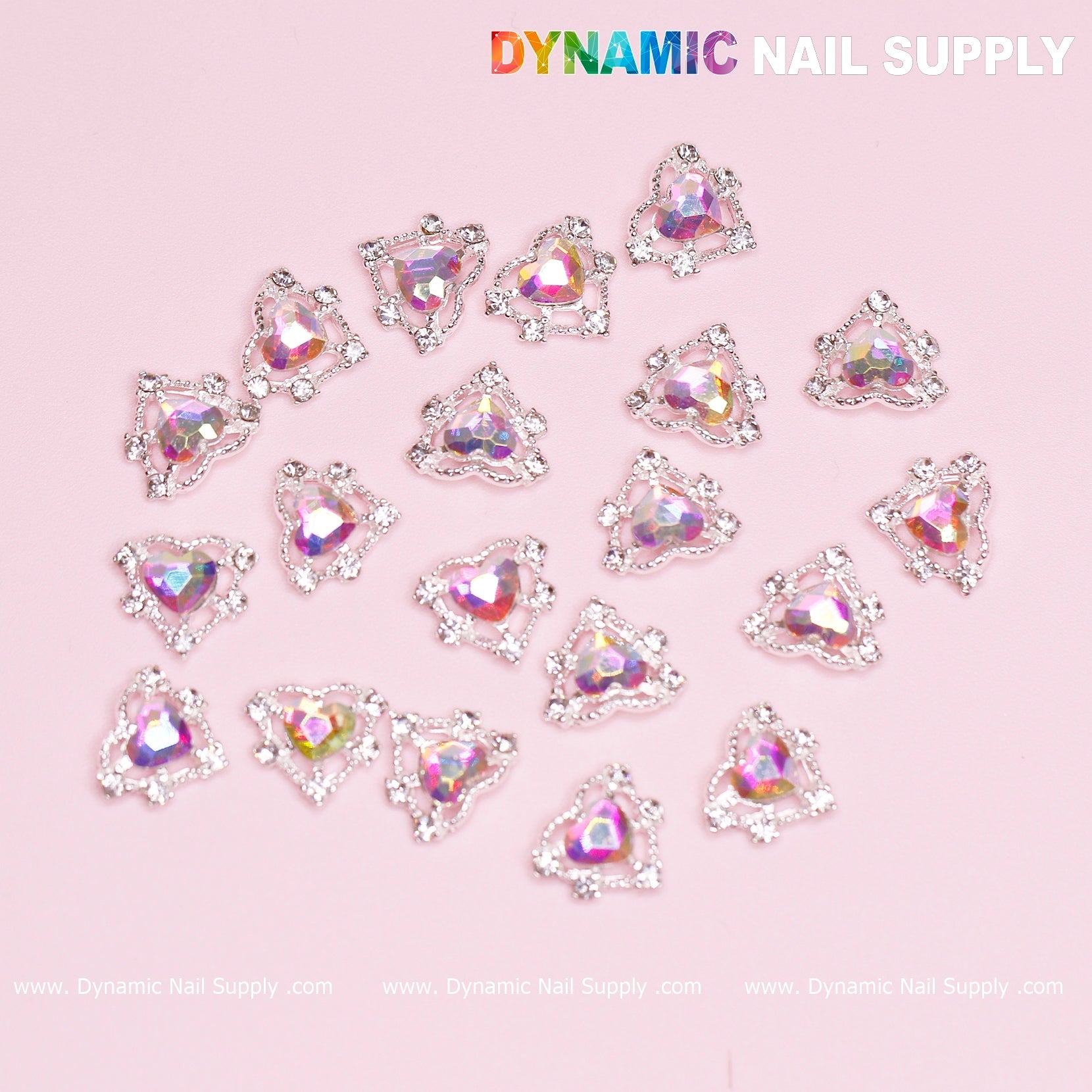 20 pcs Luxury Heart-shaped Charms for Nails Art Design (AB rhinestones + Silver claws base)