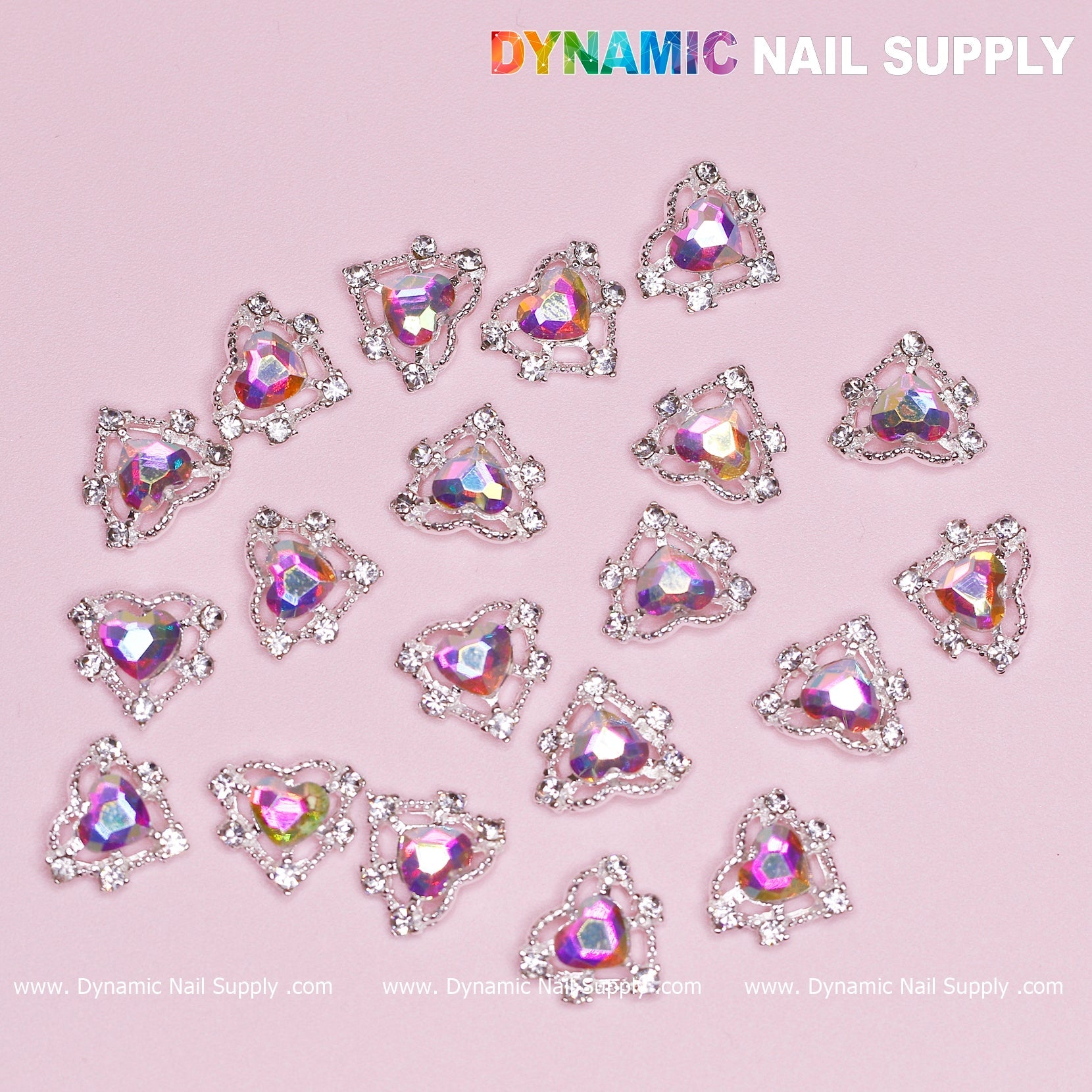 20 pcs Luxury Heart-shaped Charms for Nails Art Design (AB rhinestones + Silver claws base)