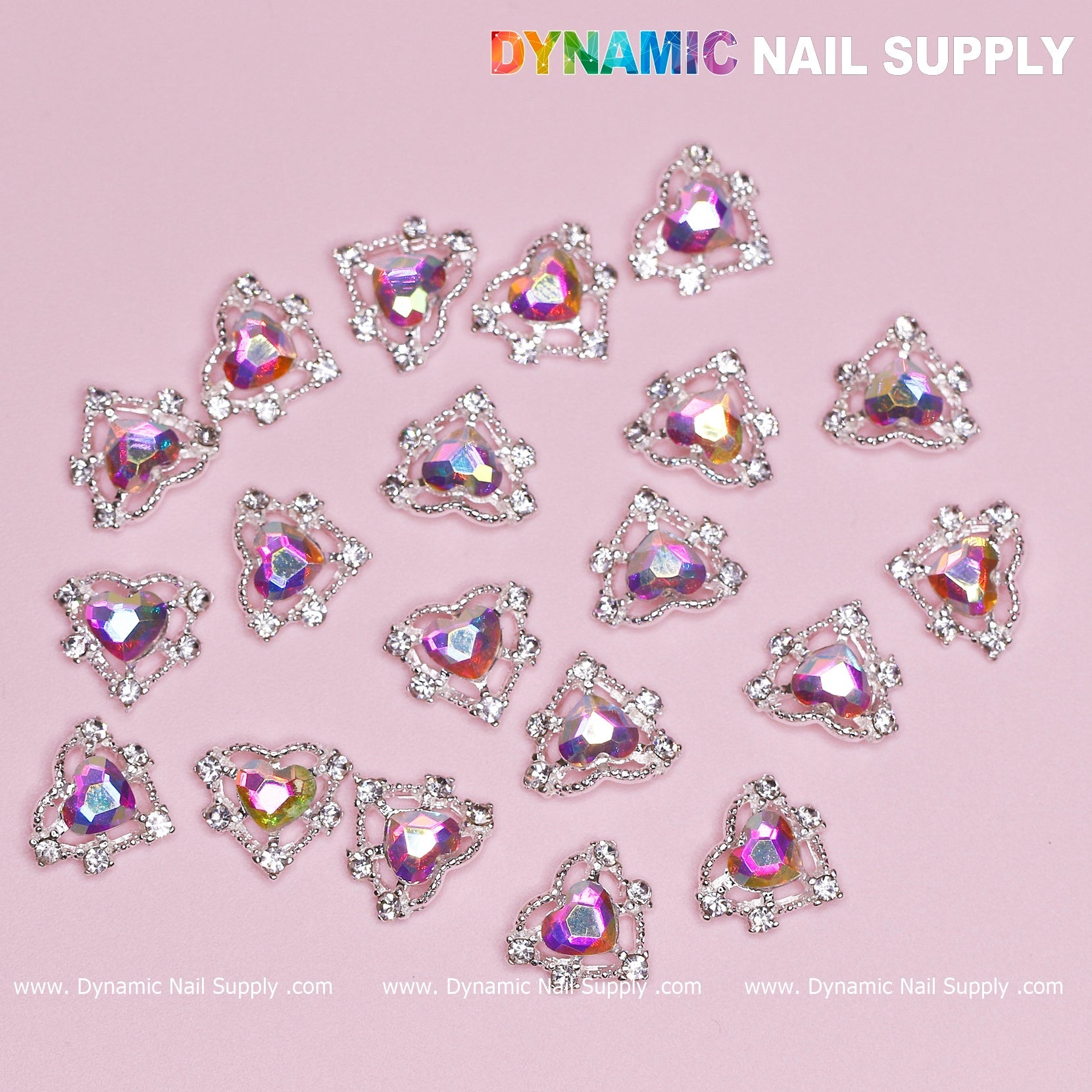 20 pcs Luxury Heart-shaped Charms for Nails Art Design (AB rhinestones + Silver claws base)