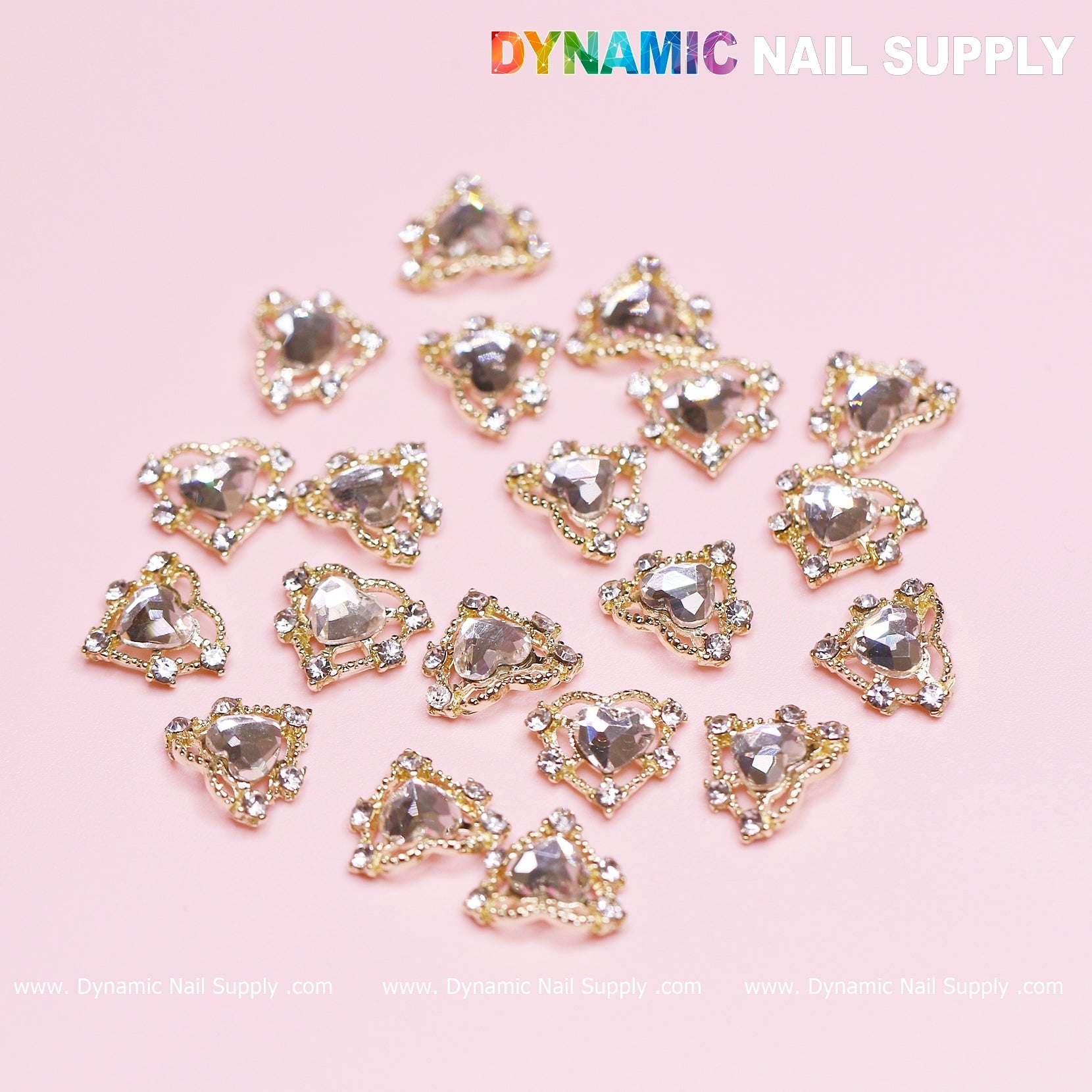20 pcs Luxury Heart Charm for Valentine Nails Design (Rhinestones Border Edge, Gold)