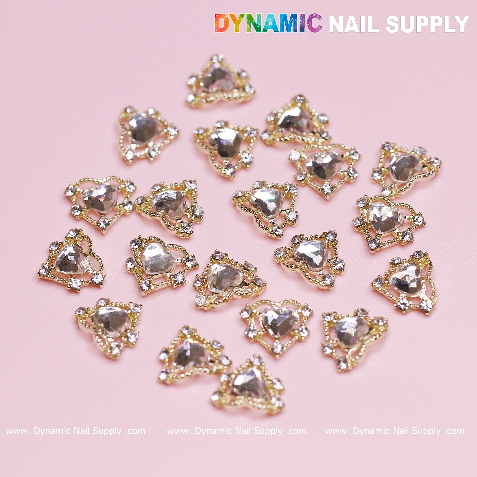 20 pcs Luxury Heart Charm for Valentine Nails Design (Rhinestones Border Edge, Gold)