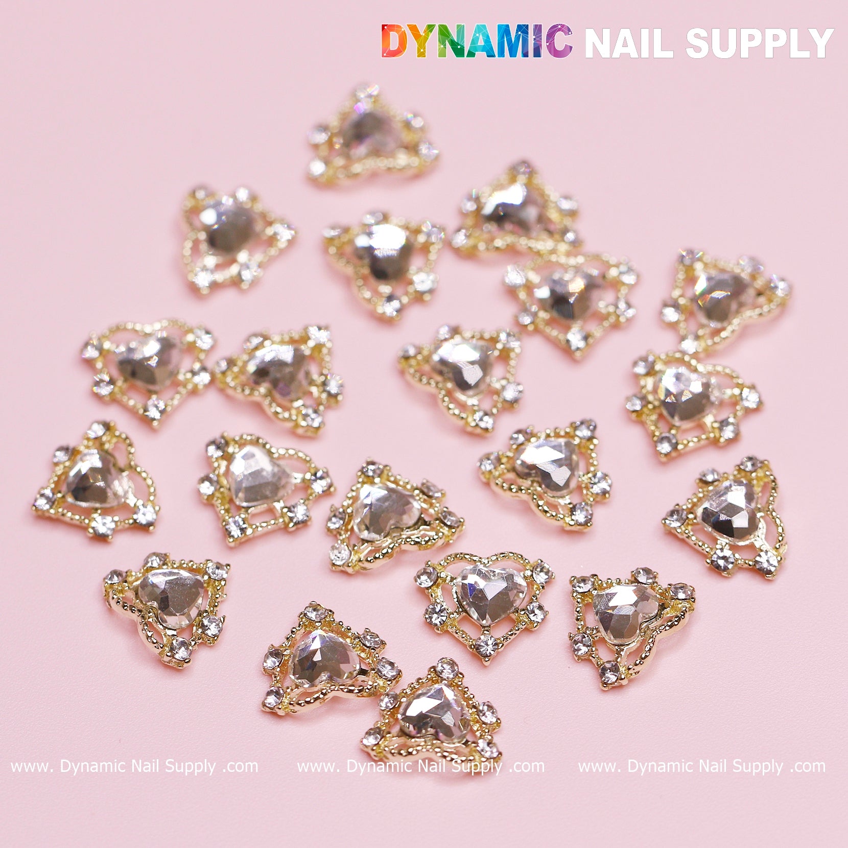 20 pcs Luxury Heart Charm for Valentine Nails Design (Rhinestones Border Edge, Gold)