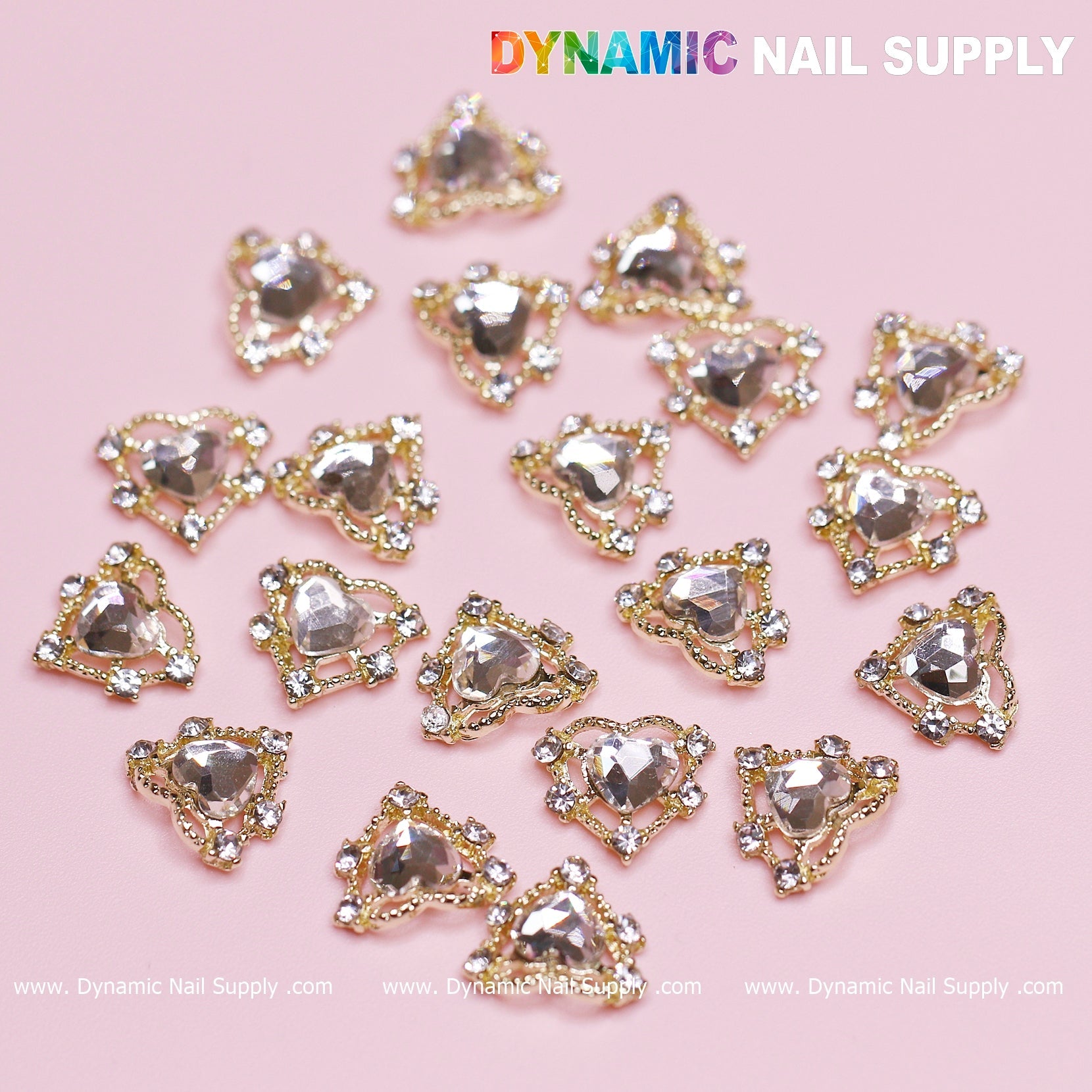 20 pcs Luxury Heart Charm for Valentine Nails Design (Rhinestones Border Edge, Gold)