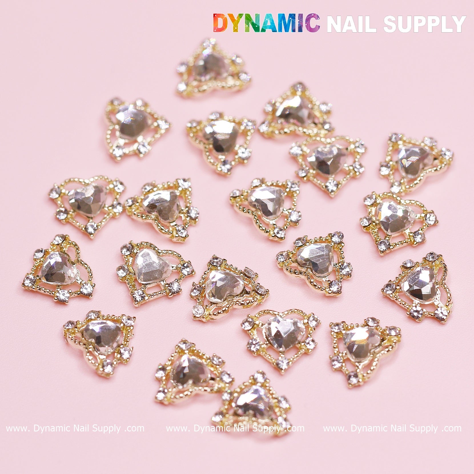 20 pcs Luxury Heart Charm for Valentine Nails Design (Rhinestones Border Edge, Gold)