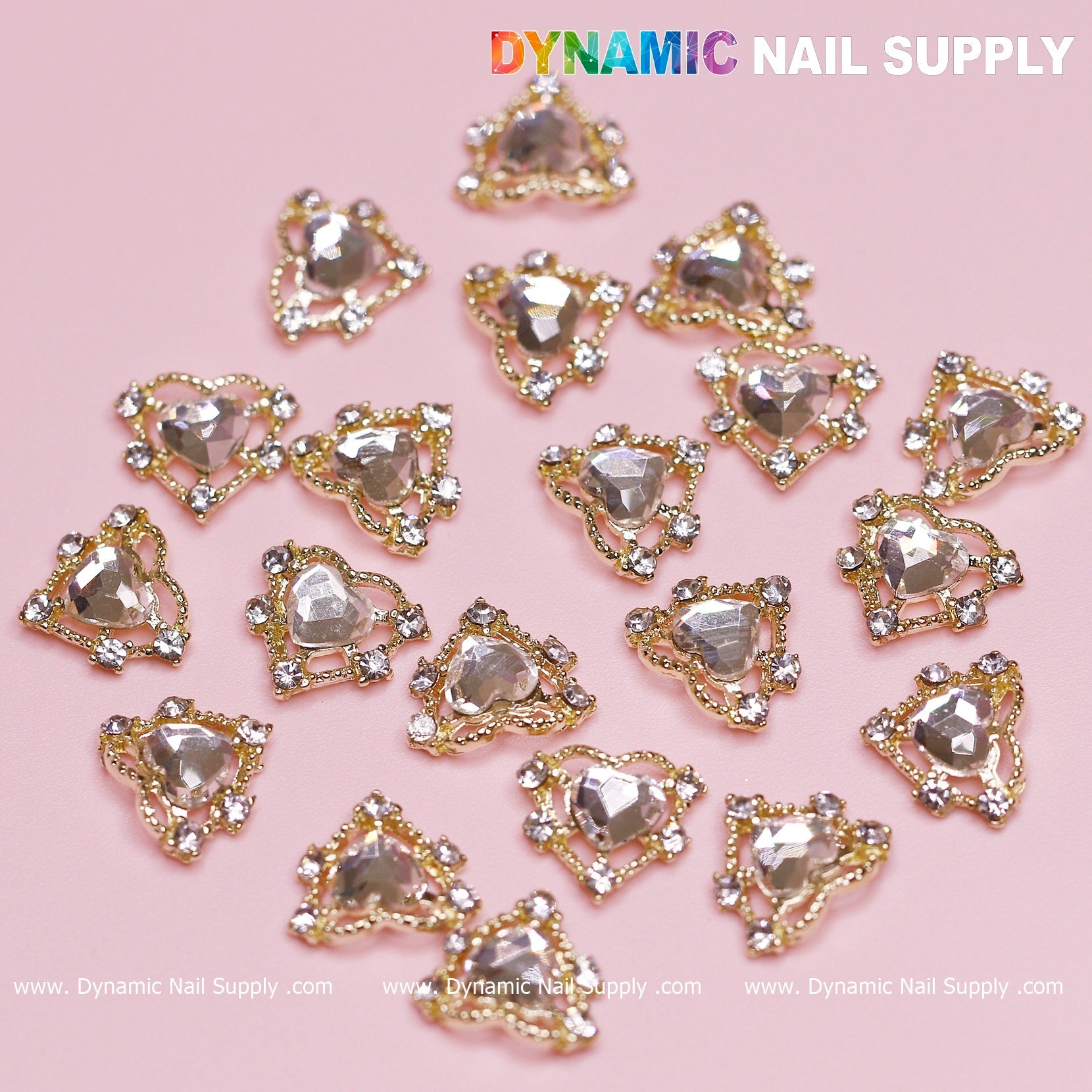 20 pcs Luxury Heart Charm for Valentine Nails Design (Rhinestones Border Edge, Gold)