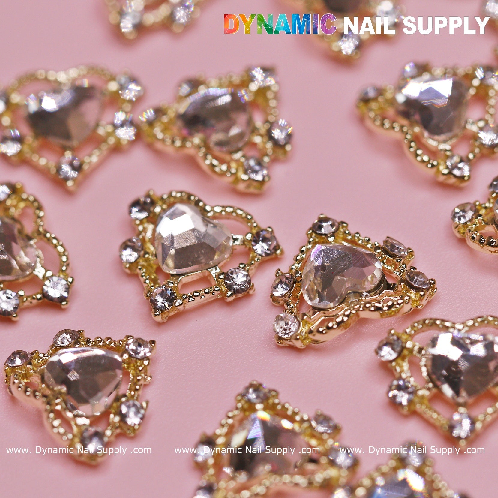 20 pcs Luxury Heart Charm for Valentine Nails Design (Rhinestones Border Edge, Gold)