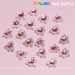 20 pcs Pink Heart Charm for Valentine Nails Design (Rhinestones Border Edge, silver claws)