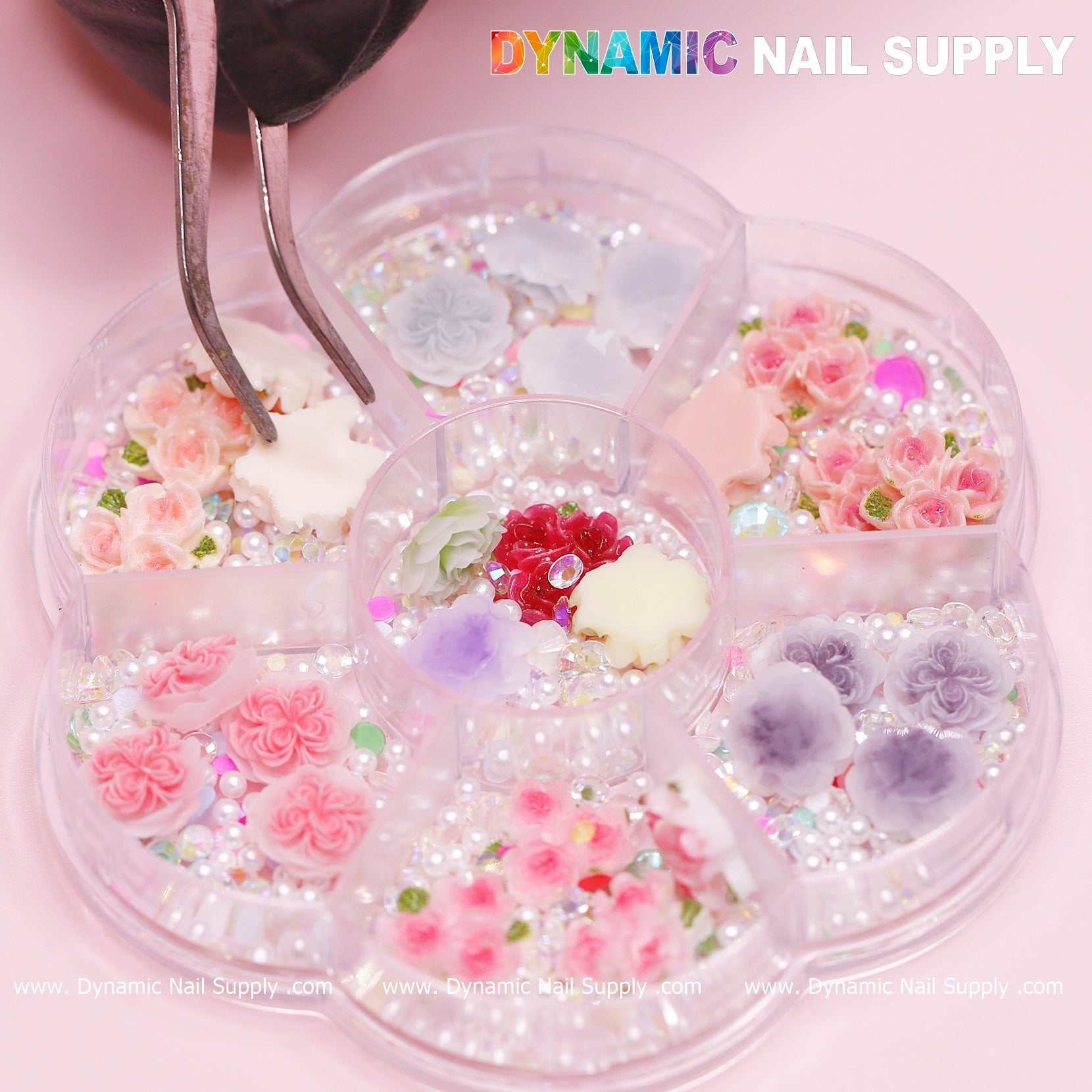 40 pcs White and Pink 3D 5D Rose Flower Charm with pearls Accessories for Valentine Nails Art Design