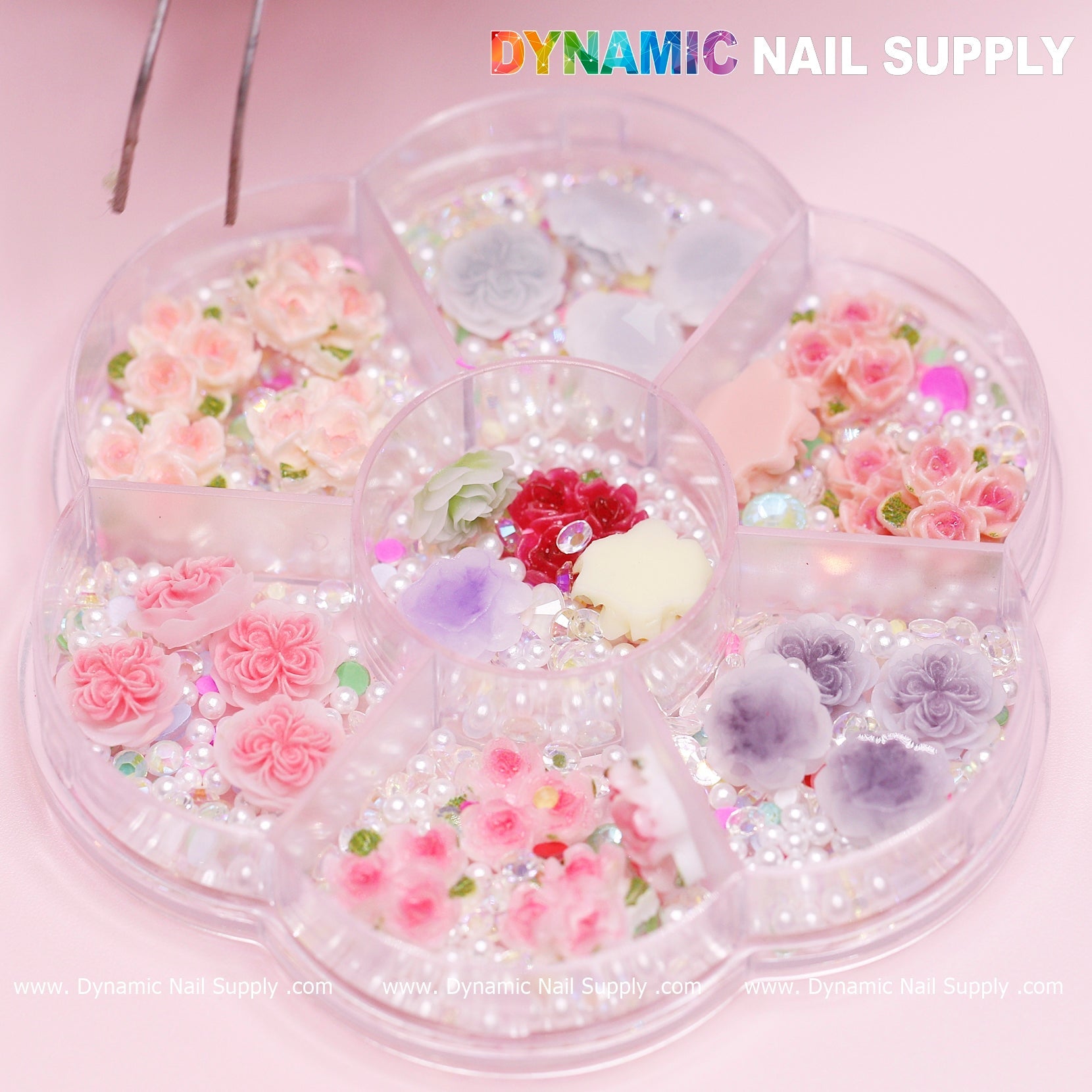40 pcs White and Pink 3D 5D Rose Flower Charm with pearls Accessories for Valentine Nails Art Design