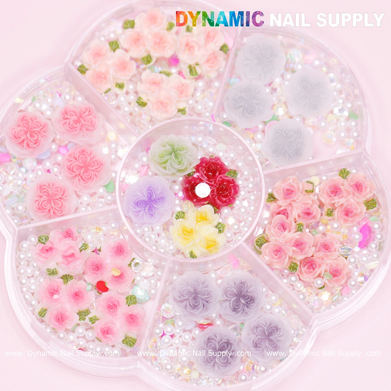 40 pcs White and Pink 3D 5D Rose Flower Charm with pearls Accessories for Valentine Nails Art Design