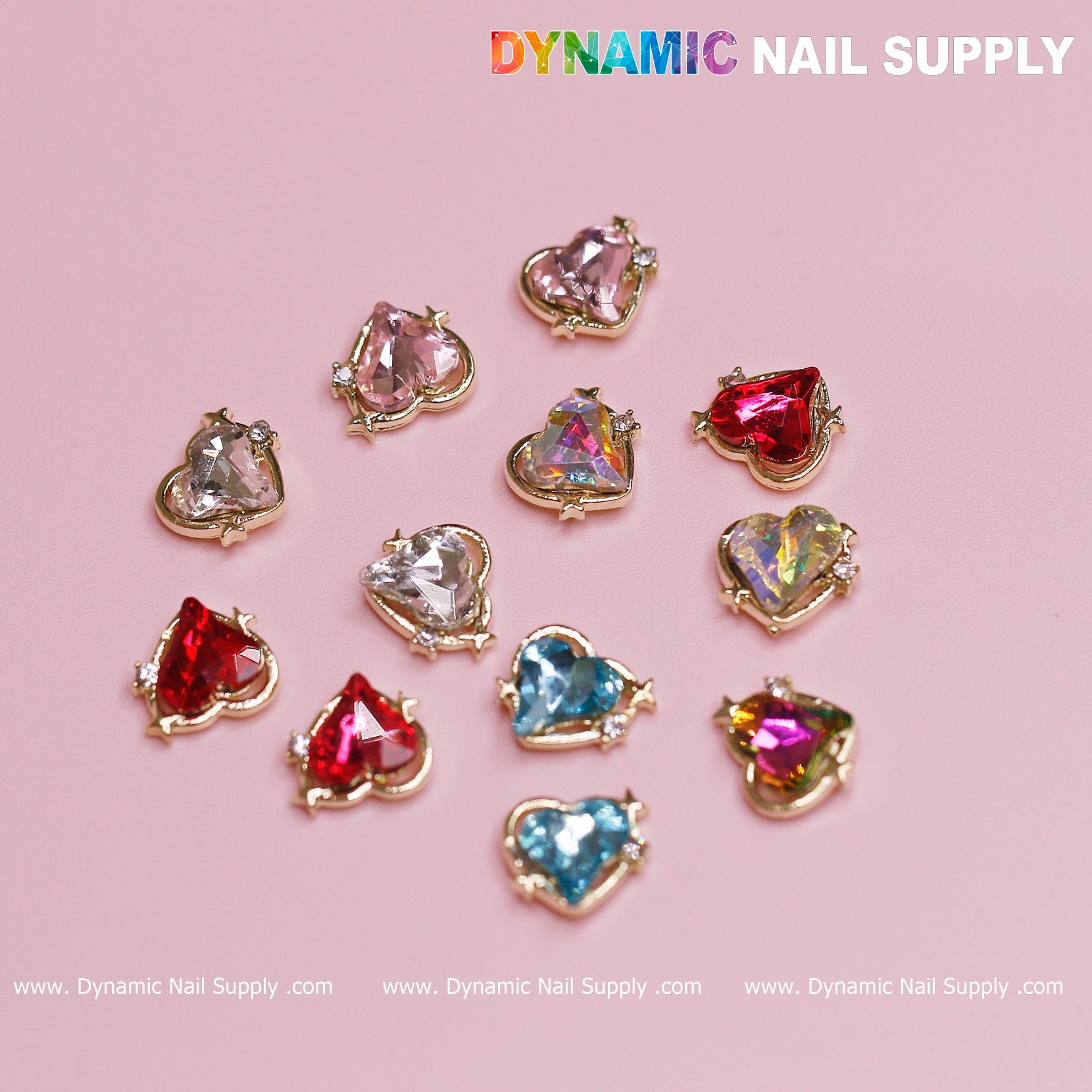 12 pcs Heart Charm (Mixed Colors - Gold Edge) for Valentine Nails Design (Heart Rhinestones engraved)