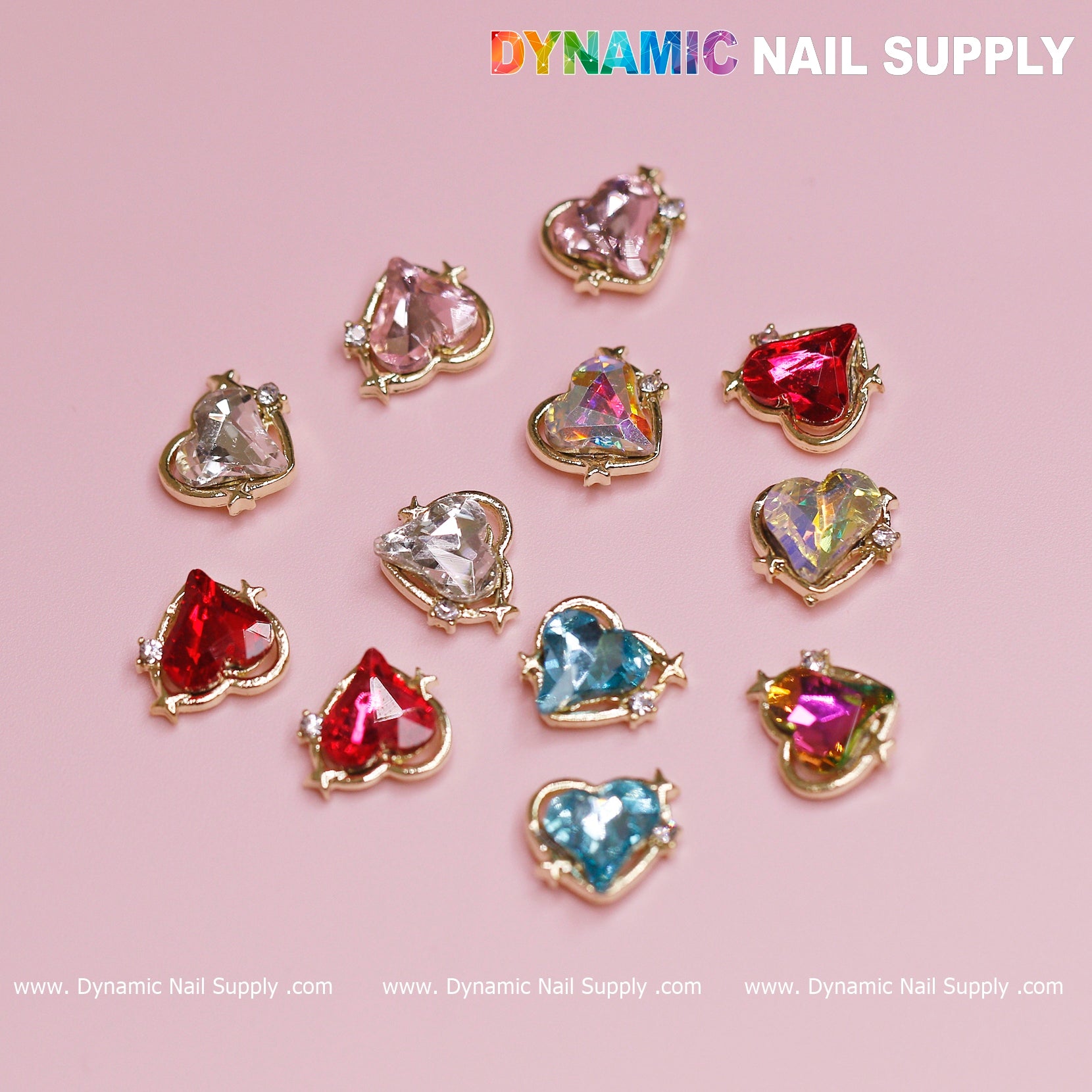 12 pcs Heart Charm (Mixed Colors - Gold Edge) for Valentine Nails Design (Heart Rhinestones engraved)