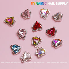 12 pcs Heart Charm (Multi-Colors - Silver Edge) for Valentine Nails Design (Heart Rhinestones center)