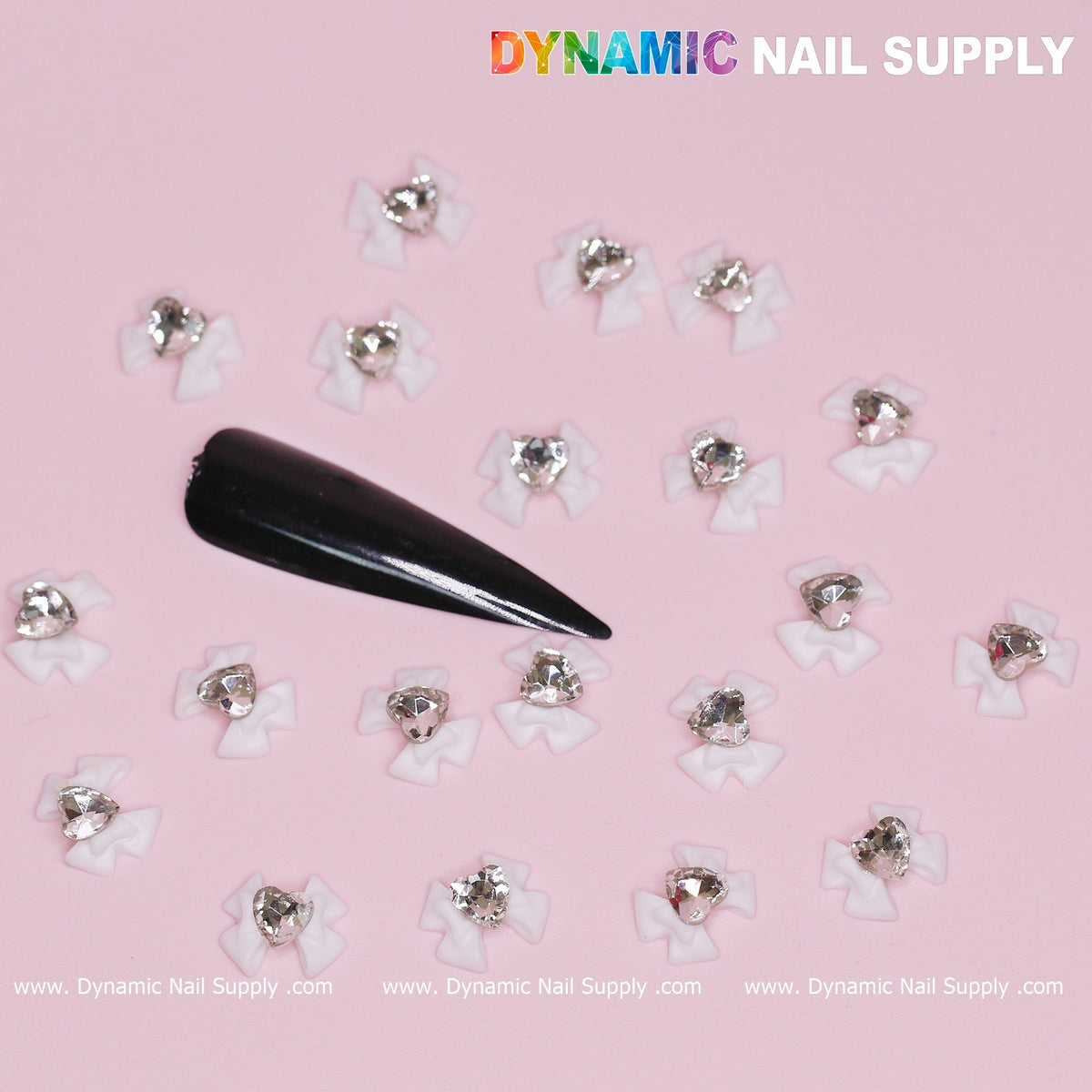 20 pcs Luxury White Bow Charms Engraved With Crystal Clear Heart For Valentines Nail Designs