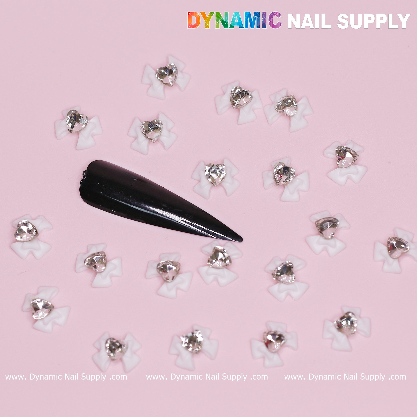 20 pcs Luxury White Bow Charms Engraved With Crystal Clear Heart For Valentines Nail Designs