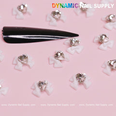 20 pcs Luxury White Bow Charms Engraved With Crystal Clear Heart For Valentines Nail Designs