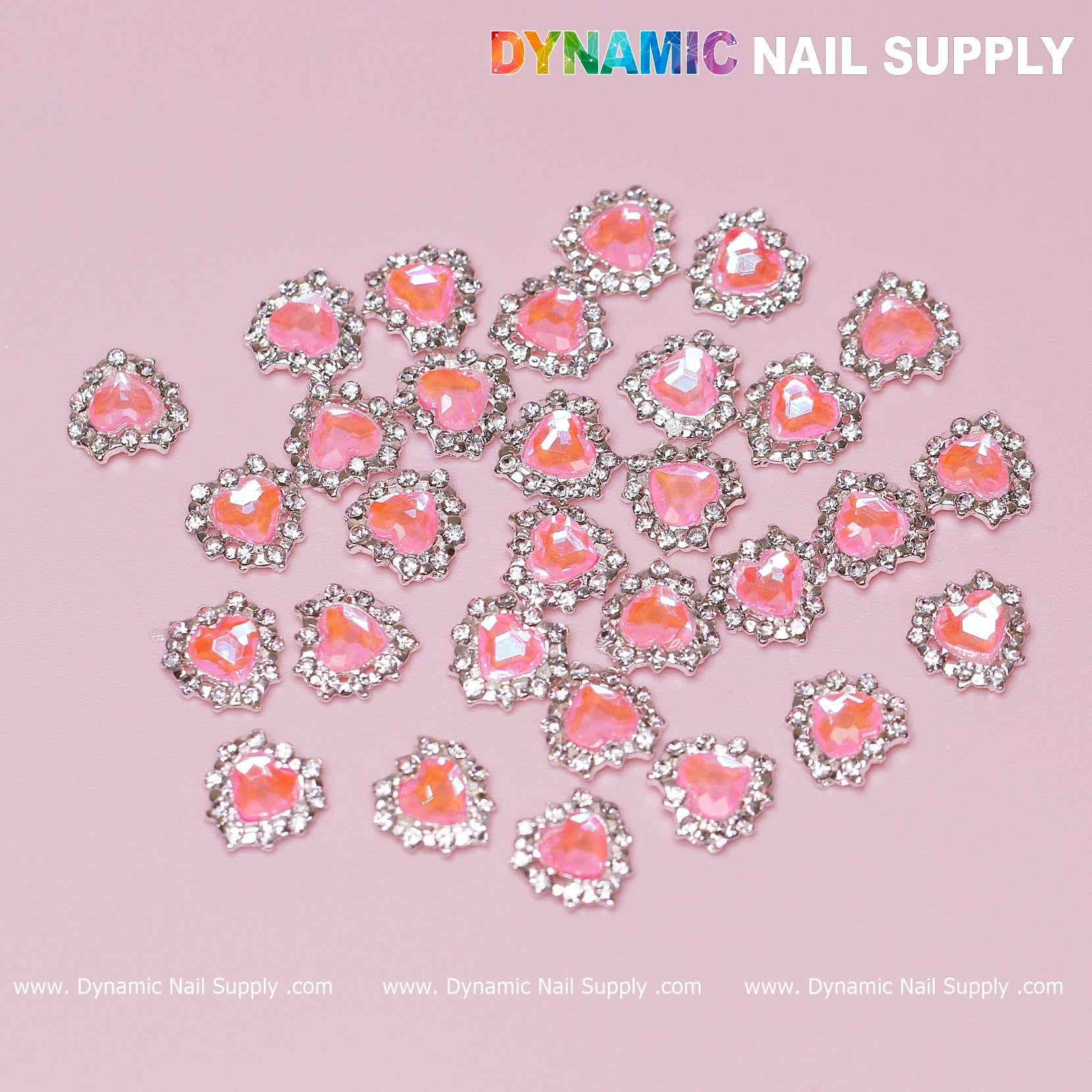 30 pcs 3D  Pink Ruby Heart Rhinestone Charm for Nails Art Design (Pink stones + Silver claws base)