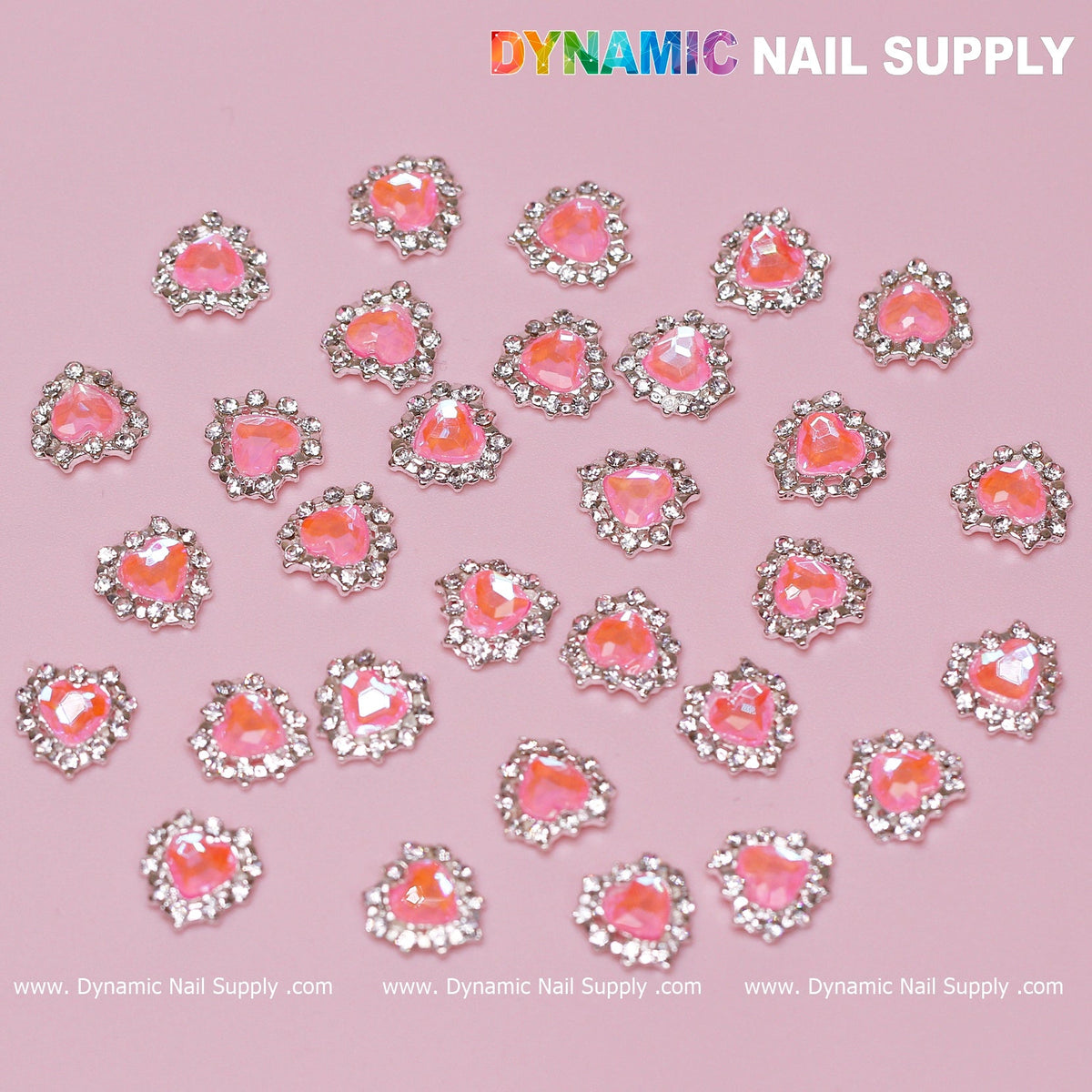 30 pcs 3D  Pink Ruby Heart Rhinestone Charm for Nails Art Design (Pink stones + Silver claws base)
